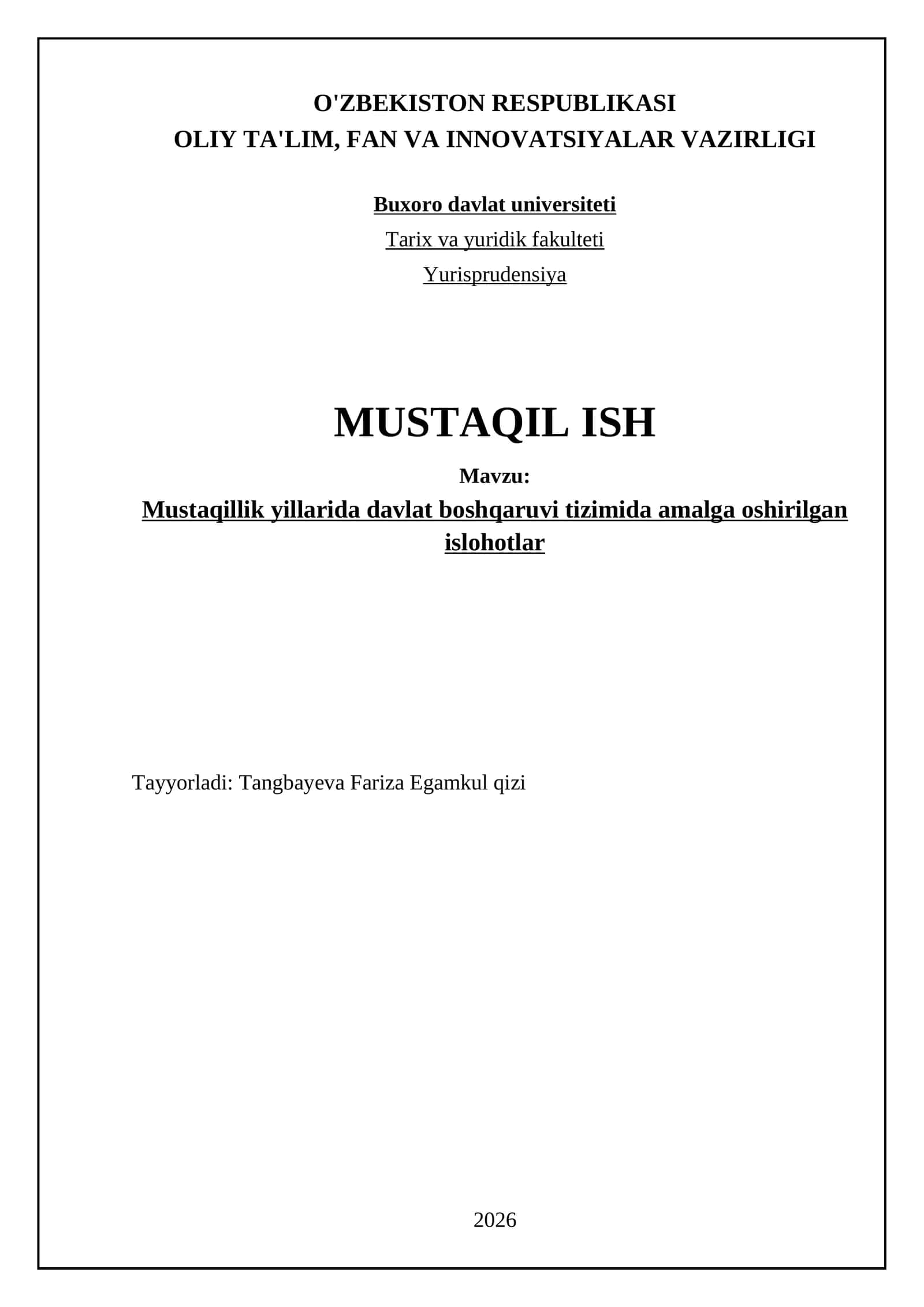 Mustaqillik yillarida davlat boshqaruvi tizimida amalga oshirilgan islohotlar 1