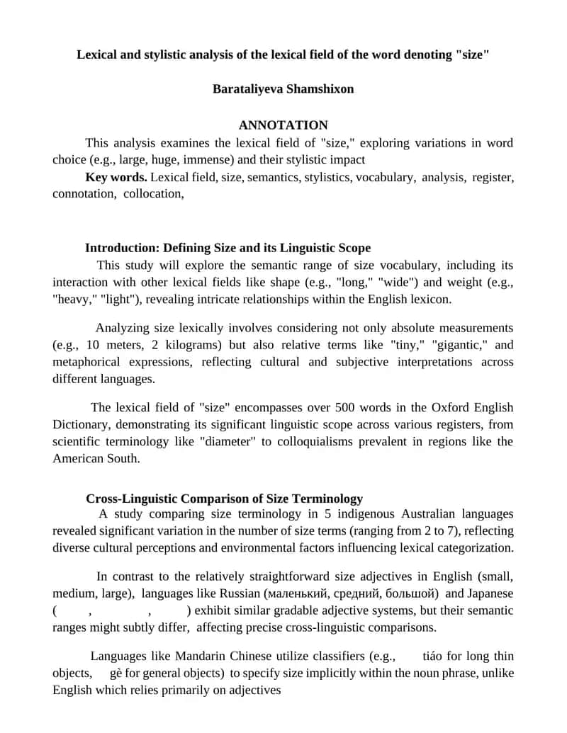Lexical and stylistic analysis of the lexical field of the word denoting "size" 1