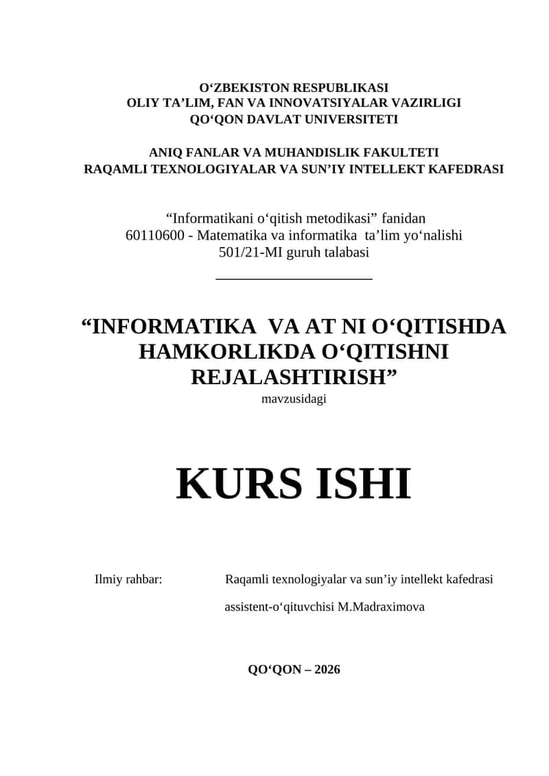 INFORMATIKA  VA AT NI O‘QITISHDA HAMKORLIKDA O‘QITISHNI REJALASHTIRISH 1
