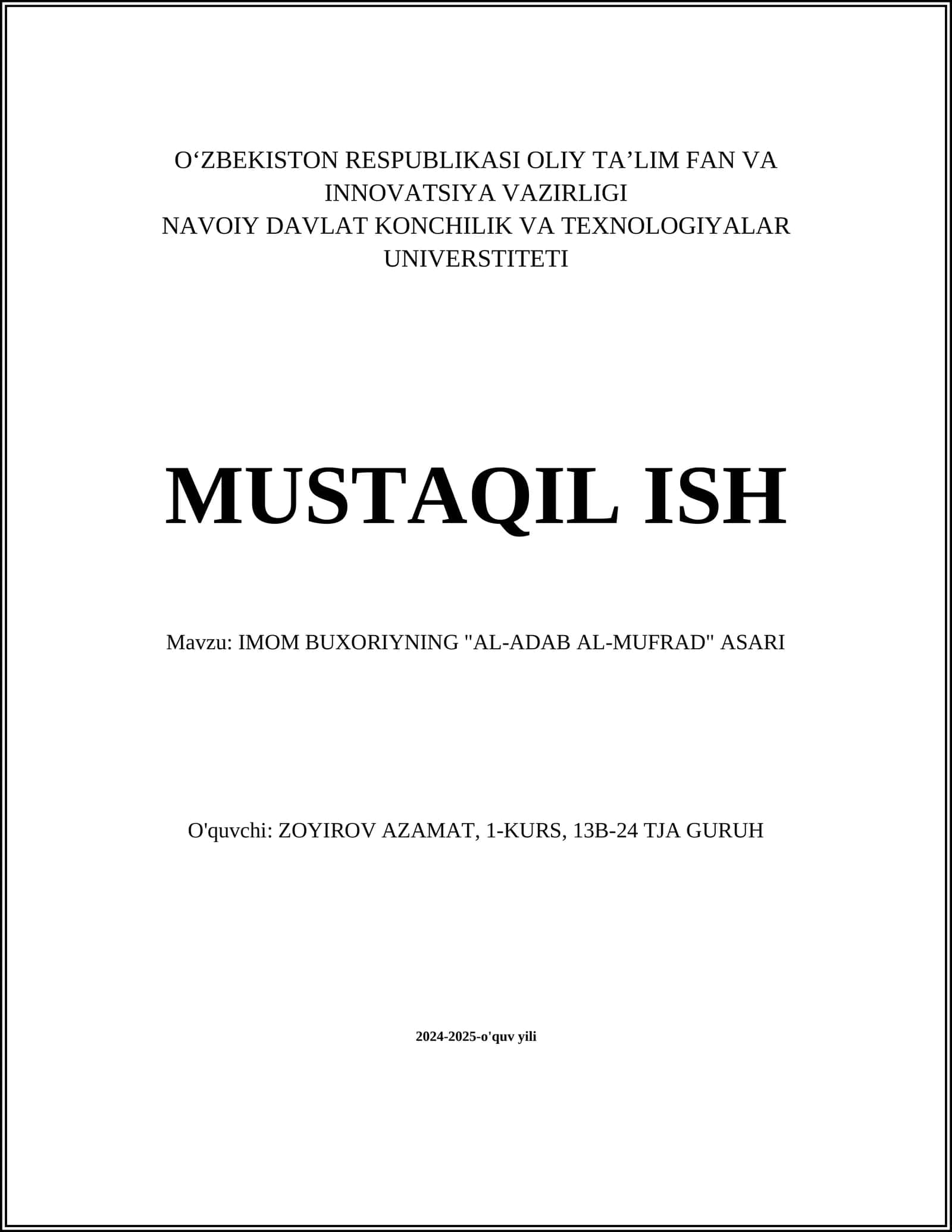 IMOM BUXORIYNING "AL-ADAB AL-MUFRAD" ASARI 1