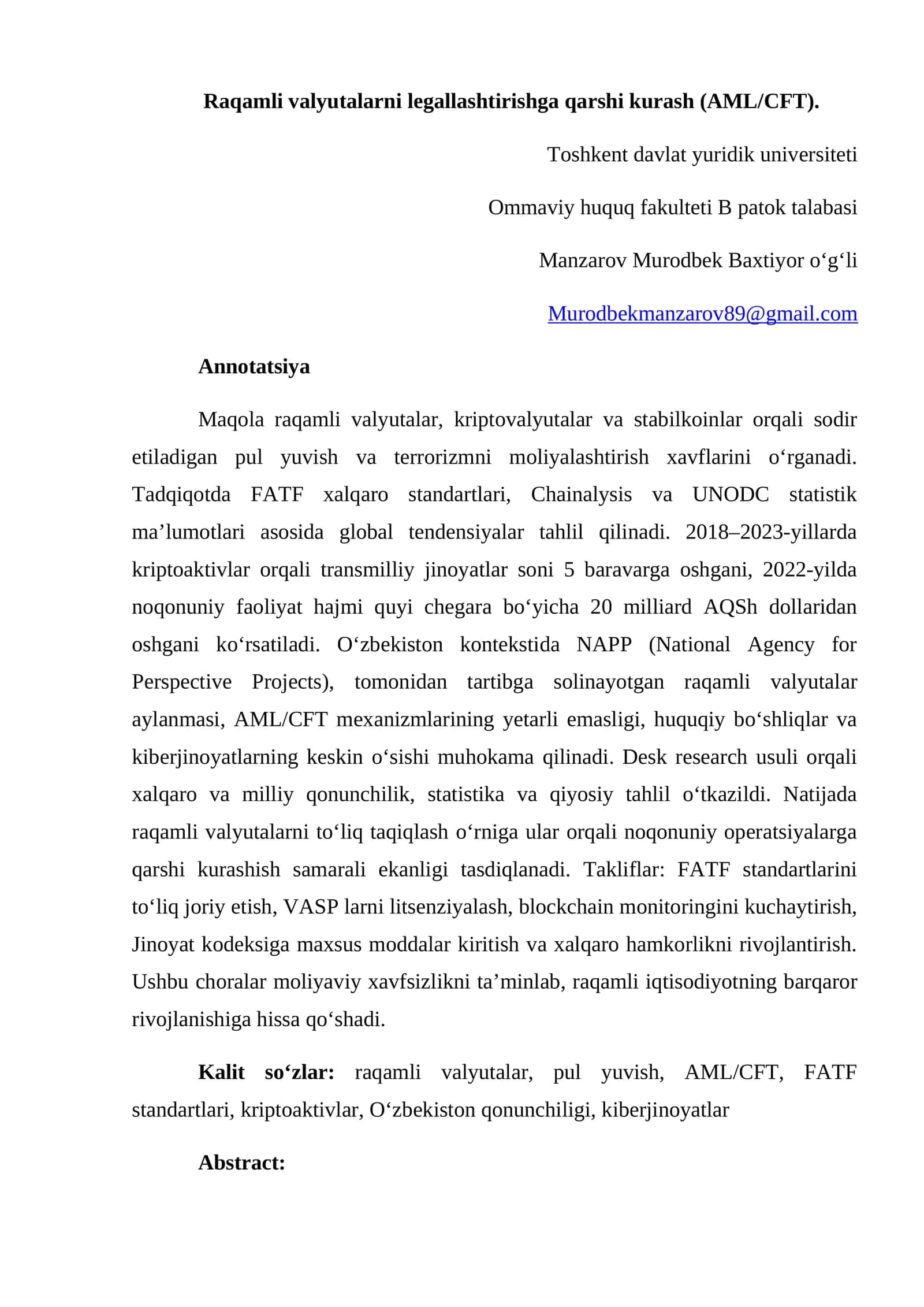 Raqamli valyutalarni legallashtirishga qarshi kurash AML/CFT 1