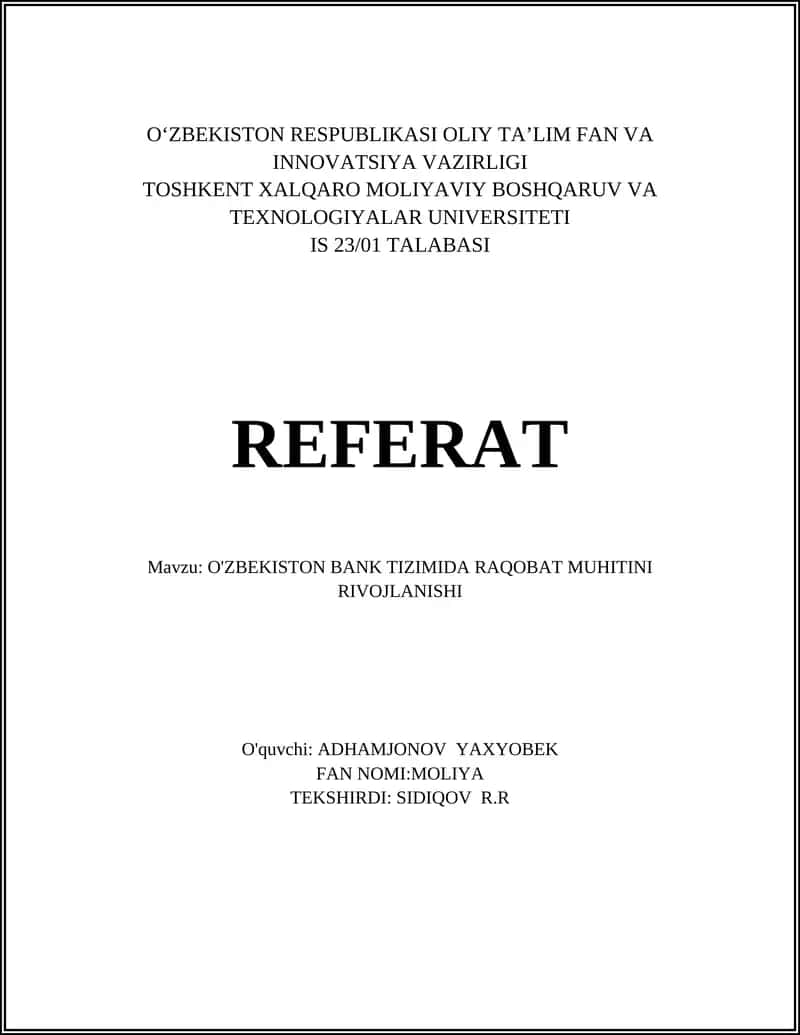 O'ZBEKISTON BANK TIZIMIDA RAQOBAT MUHITINI RIVOJLANISHI 1