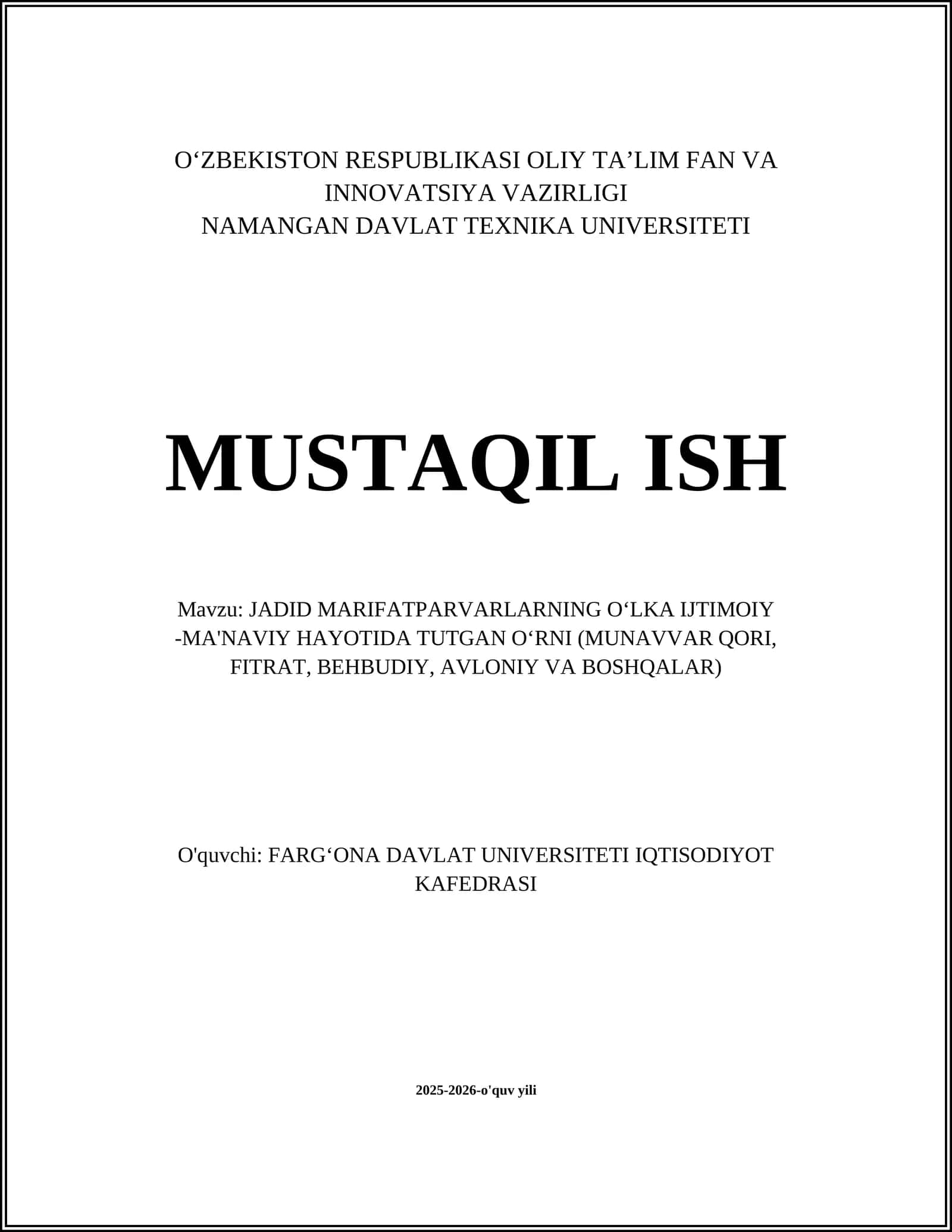 JADID MARIFATPARVARLARNING OʻLKA IJTIMOIY -MA'NAVIY HAYOTIDA TUTGAN OʻRNI (MUNAVVAR QORI, FITRAT, BEHBUDIY, AVLONIY VA BOSHQALAR) 1