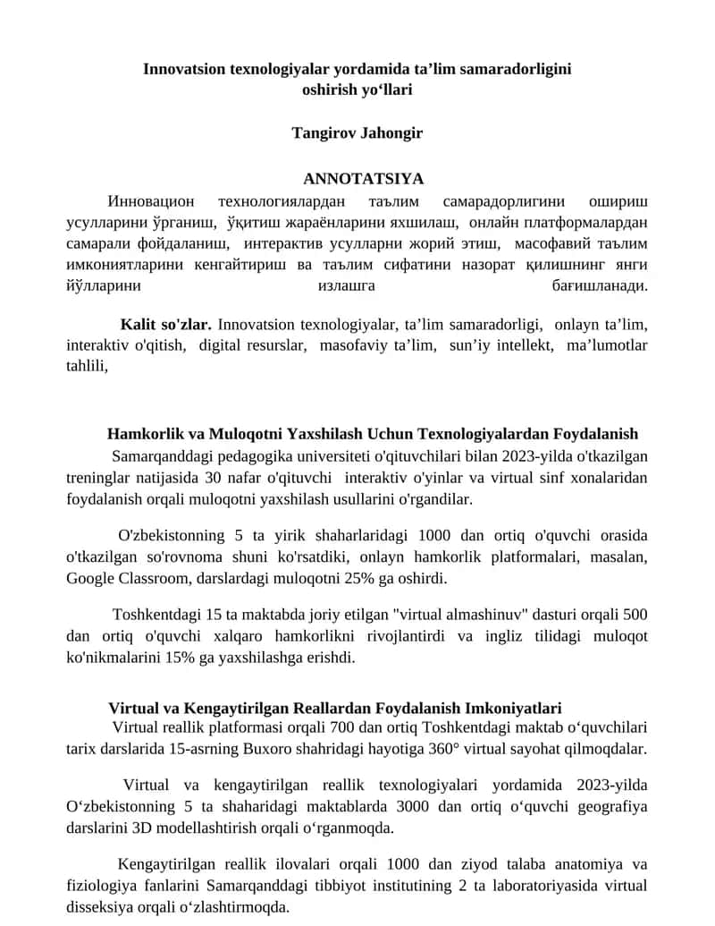 Innovatsion texnologiyalar yordamida ta’lim samaradorligini oshirish yo‘llari 1