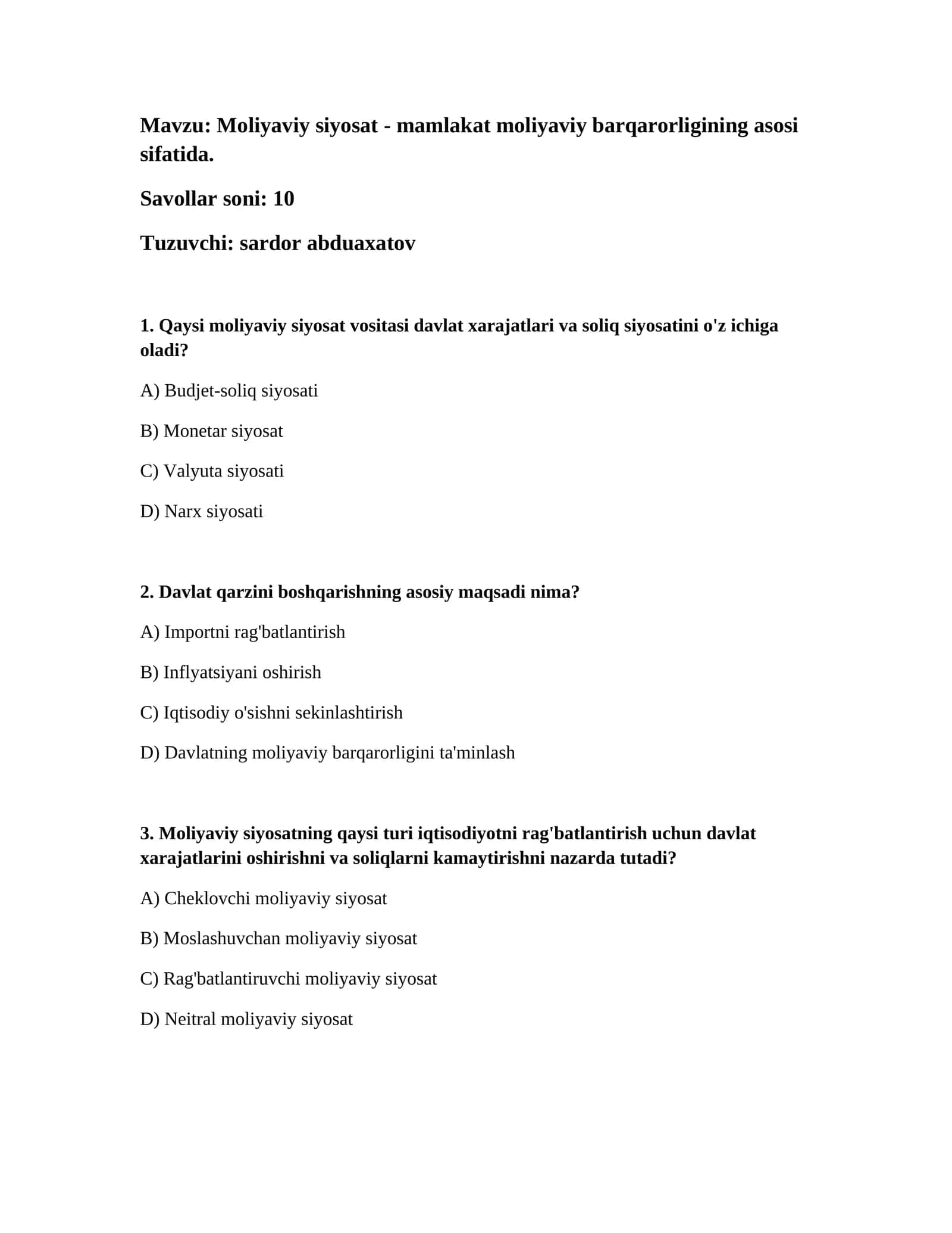 Moliyaviy siyosat - mamlakat moliyaviy barqarorligining asosi sifatida 1