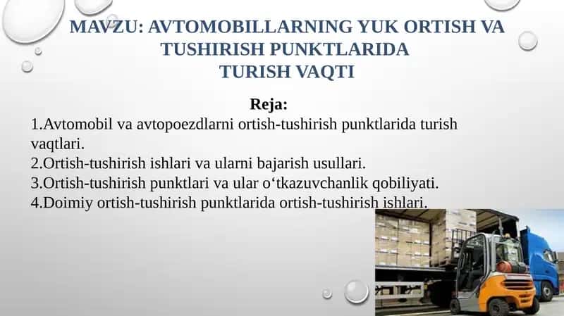 Avtomobillarning yuk ortish va tushirish punktlarida turish vaqti 1