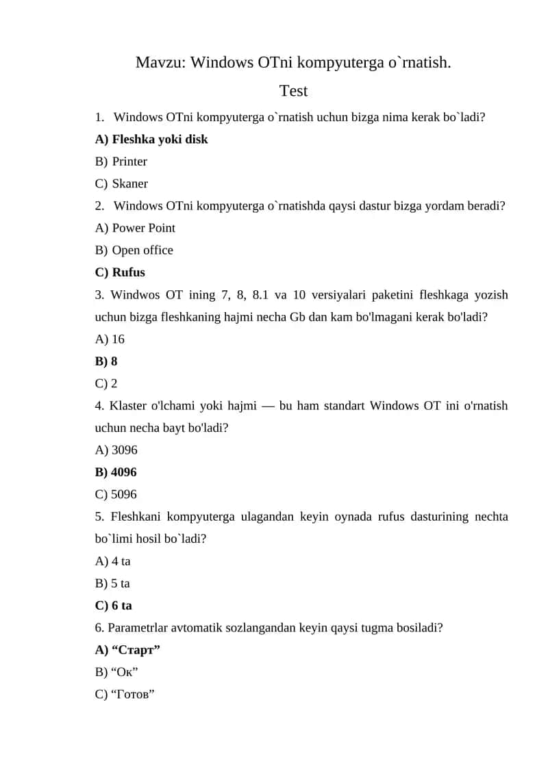 Windows OTni kompyuterga o`rnatish 1