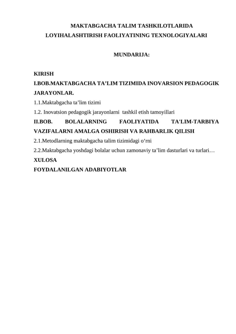 MAKTABGACHA TALIM TASHKILOTLARIDA LOYIHALASHTIRISH FAOLIYATINING TEXNOLOGIYALARI 1