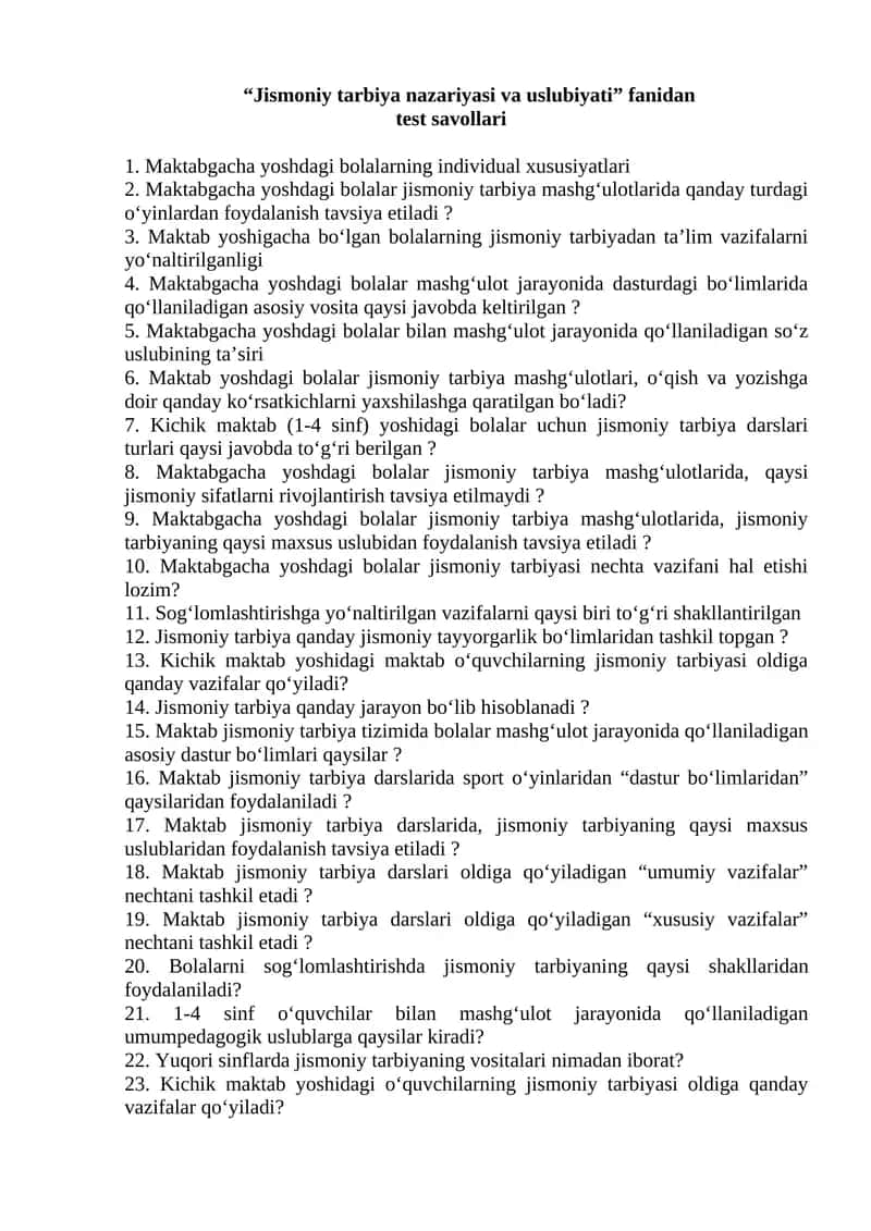 Maktabgacha yoshdagi bolalar uchun jismoniy tarbiya test savollari 1
