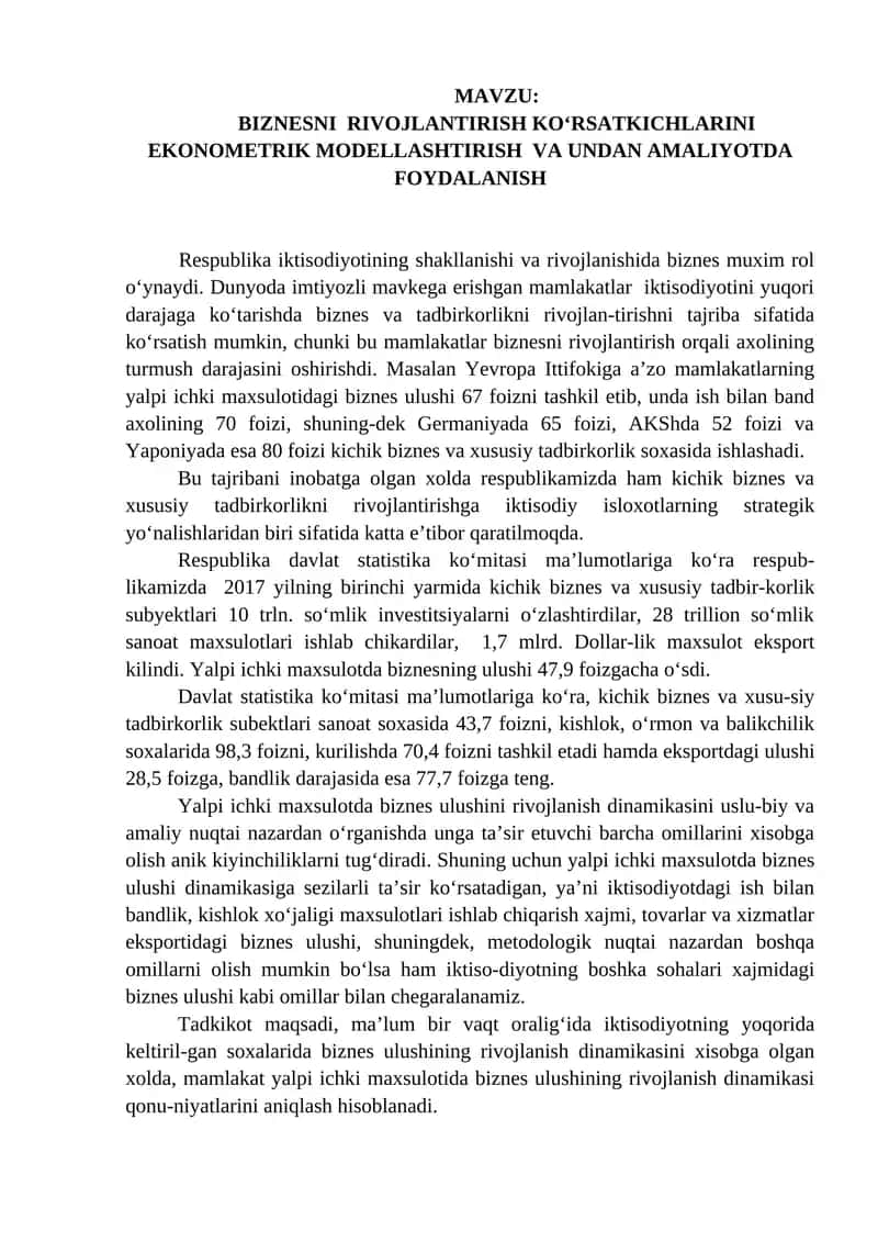 BIZNESNI RIVOJLANTIRISH KO‘RSATKICHLARINI EKONOMETRIK MODELLASHTIRISH VA UNDAN AMALIYOTDA FOYDALANISH 1