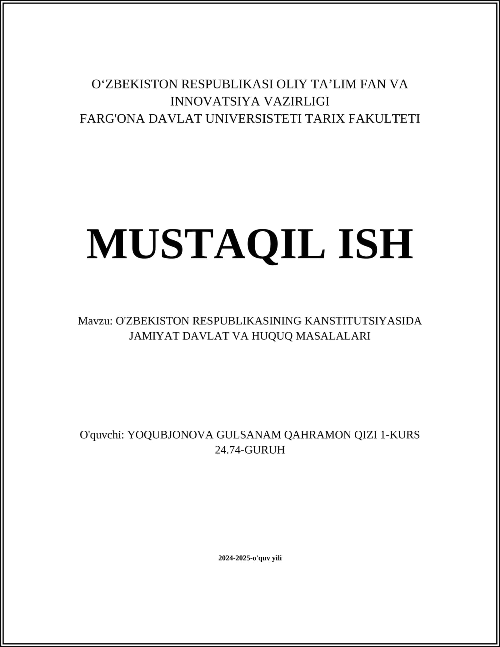O'ZBEKISTON RESPUBLIKASINING KANSTITUTSIYASIDA JAMIYAT DAVLAT VA HUQUQ MASALALARI 1