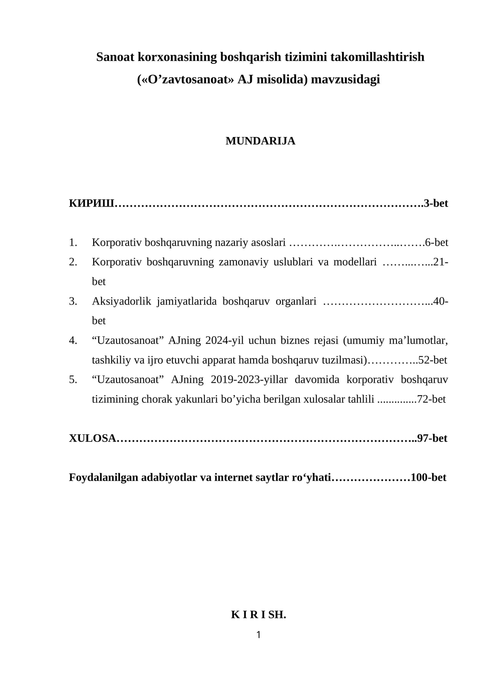 Sanoat korxonasining boshqarish tizimini takomillashtirish («O’zavtosanoat» AJ misolida) 1