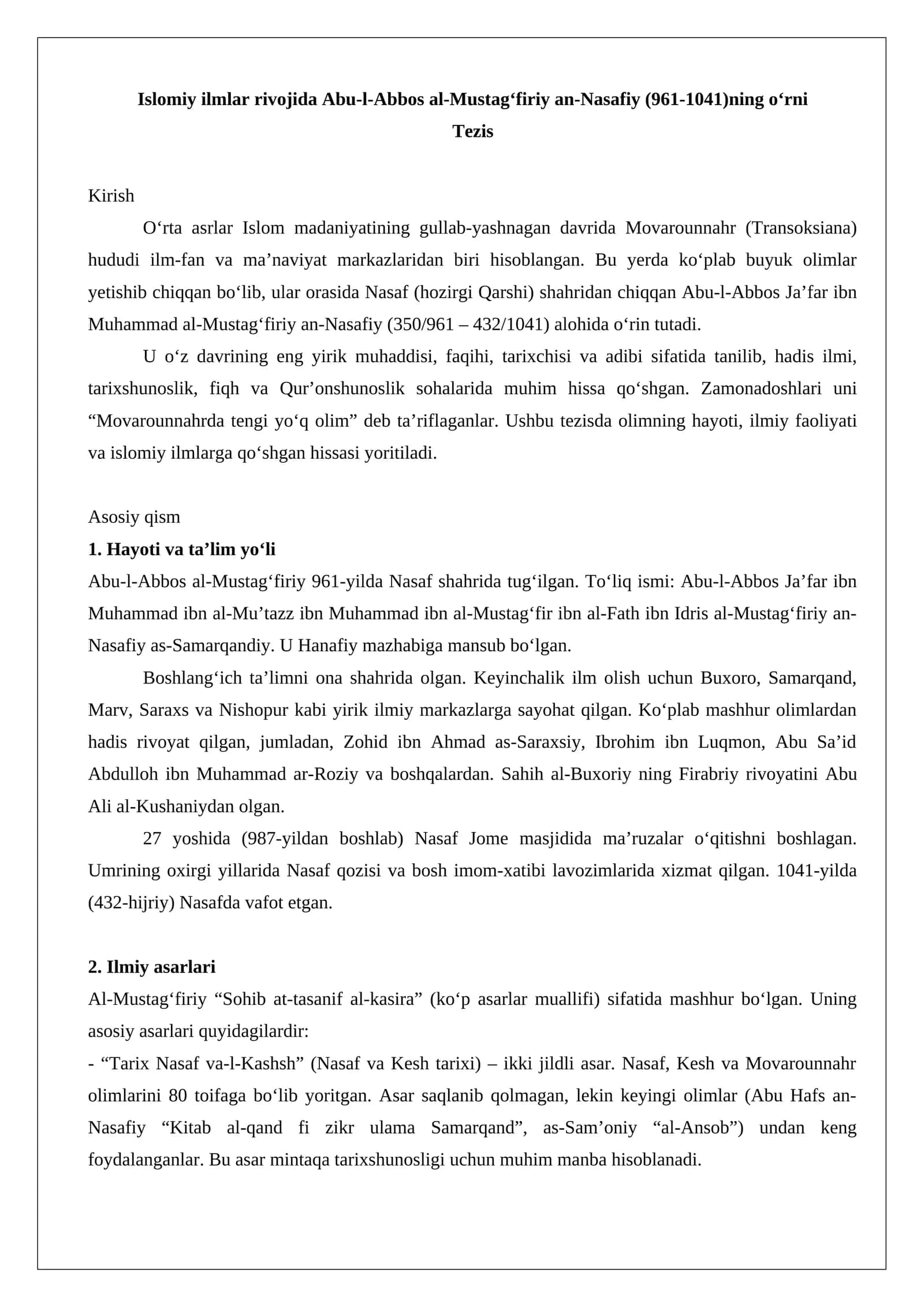Islomiy ilmlar rivojida Abu-l-Abbos al-Mustagʻfiriy an-Nasafiy (961-1041)ning oʻrni 1
