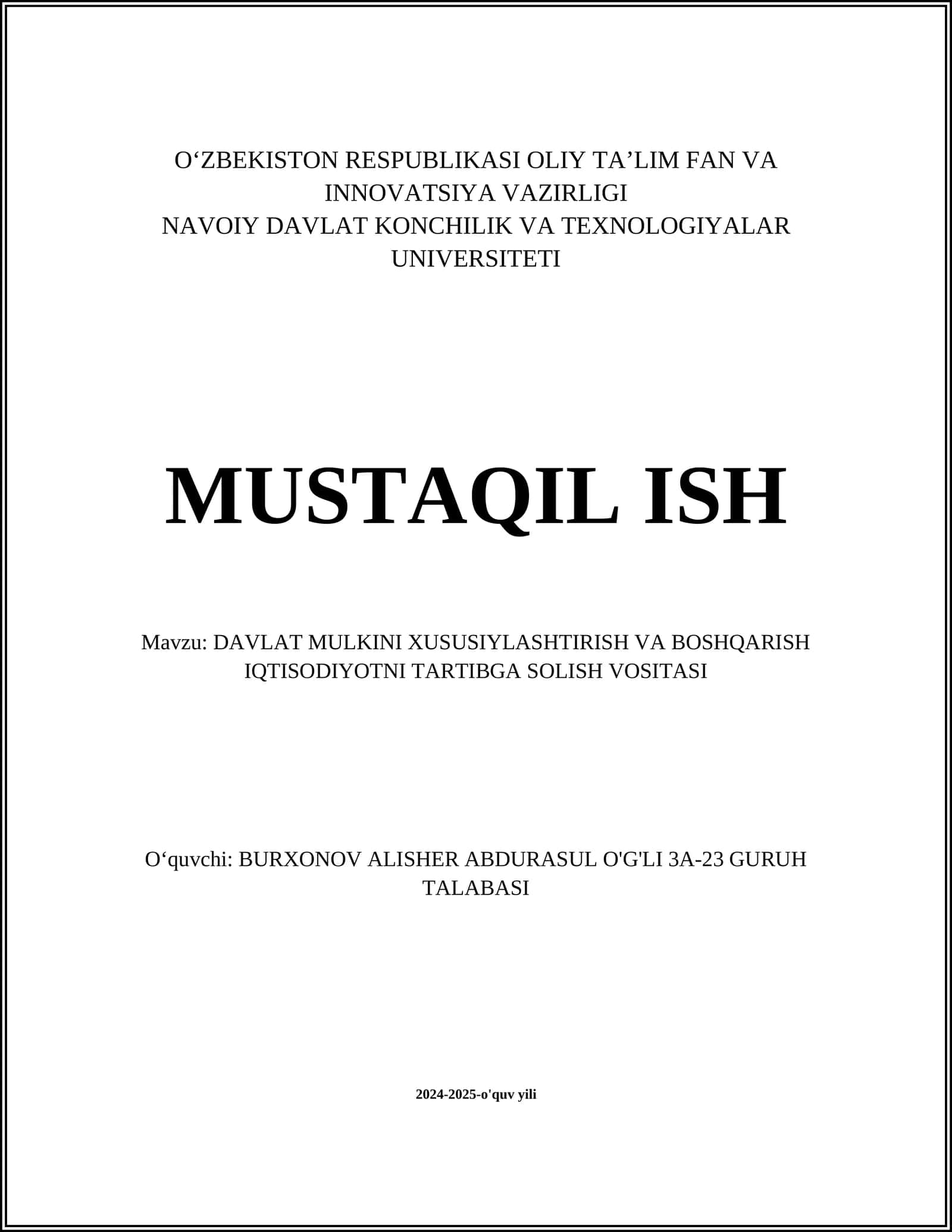 DAVLAT MULKINI XUSUSIYLASHTIRISH VA BOSHQARISH IQTISODIYOTNI TARTIBGA SOLISH VOSITASI 1