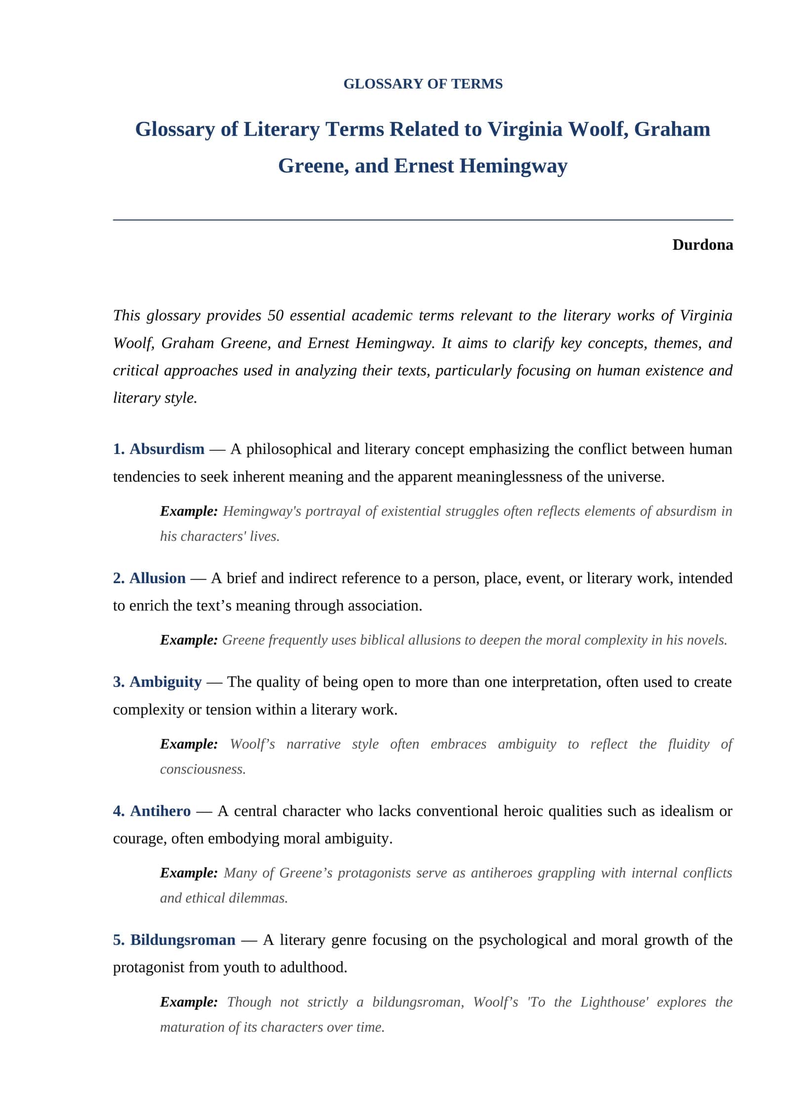 Glossary of Literary Terms Related to Virginia Woolf, Graham Greene, and Ernest Hemingway 1