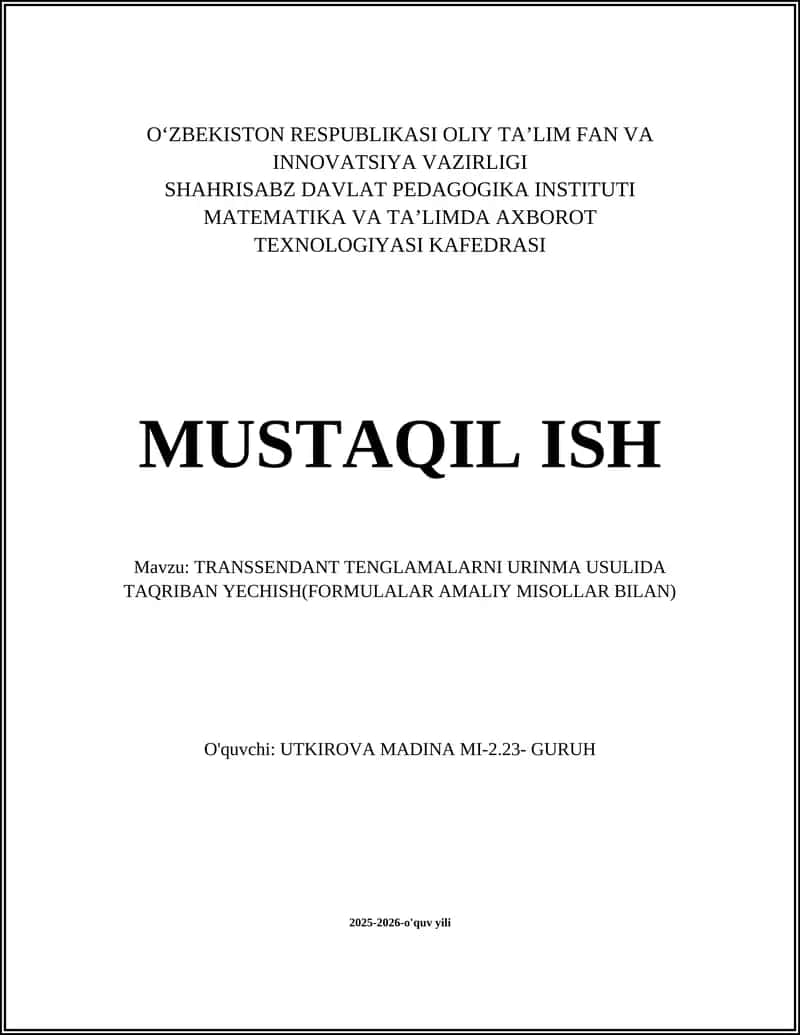 TRANSSENDANT TENGLAMALARNI URINMA USULIDA TAQRIBAN YECHISH 1