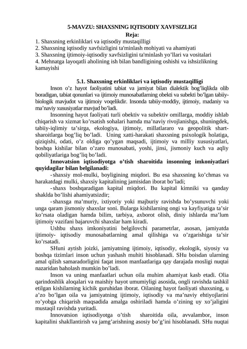 SHAXSNING IQTISODIY XAVFSIZLIGI 1