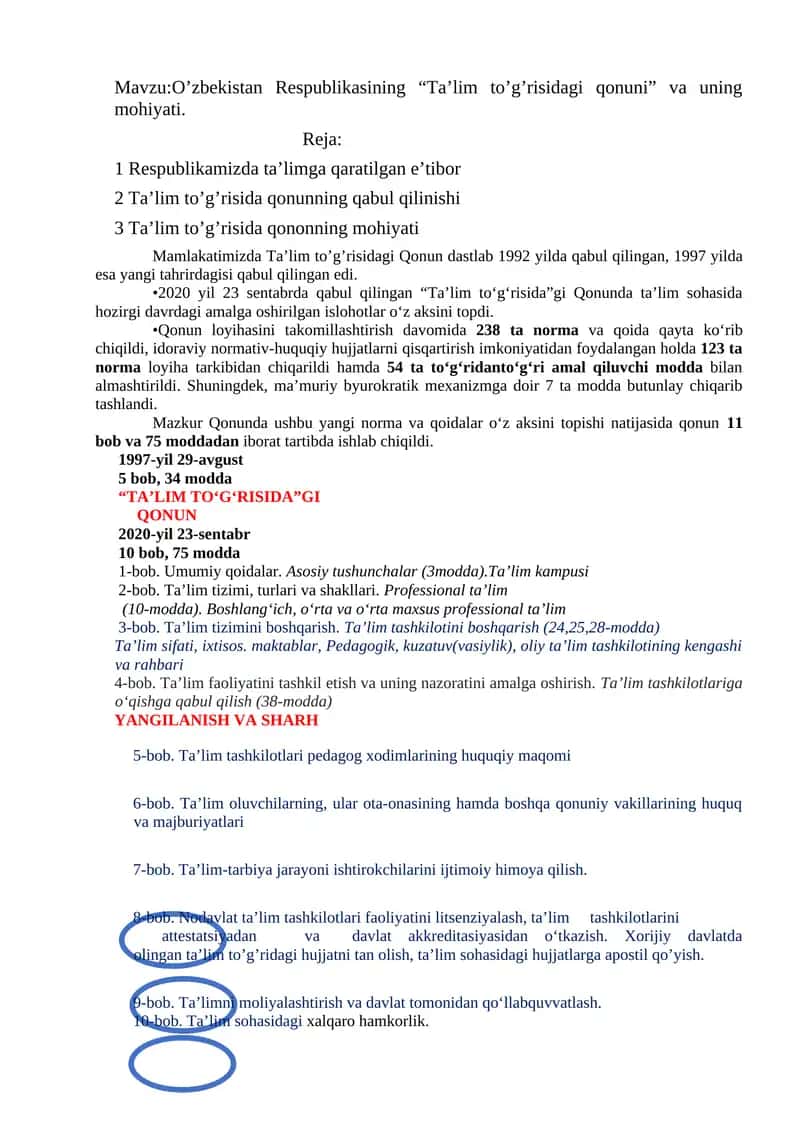 O’zbekistan Respublikasining “Ta’lim to’g’risidagi qonuni” va uning mohiyati. 1