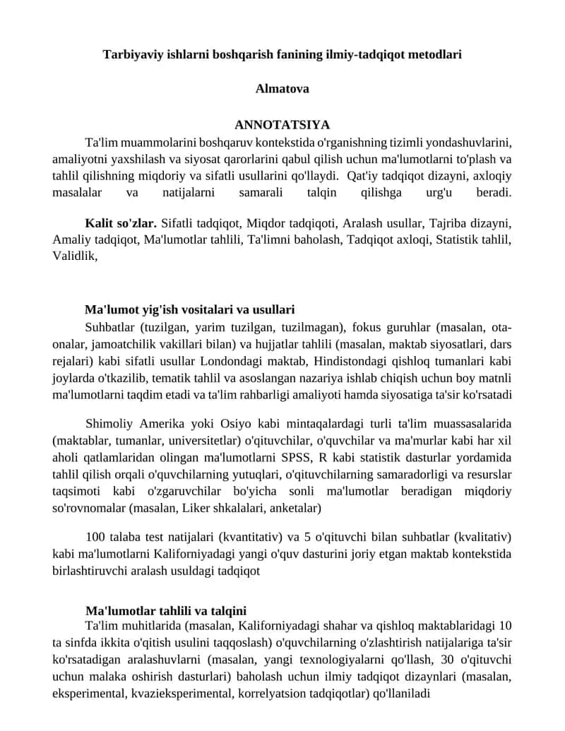Tarbiyaviy ishlarni boshqarish fanining ilmiy-tadqiqot metodlari 1