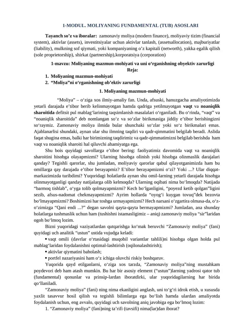 1-MODUL. MOLIYANING FUNDAMENTAL (TUB) ASOSLARI 1