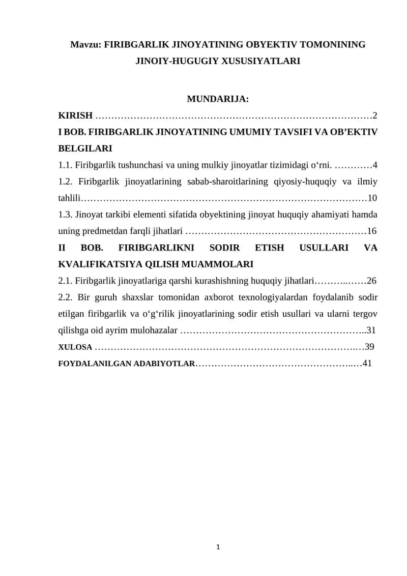 FIRIBGARLIK JINOYATINING OBYEKTIV TOMONINING JINOIY-HUGUGIY XUSUSIYATLARI 1
