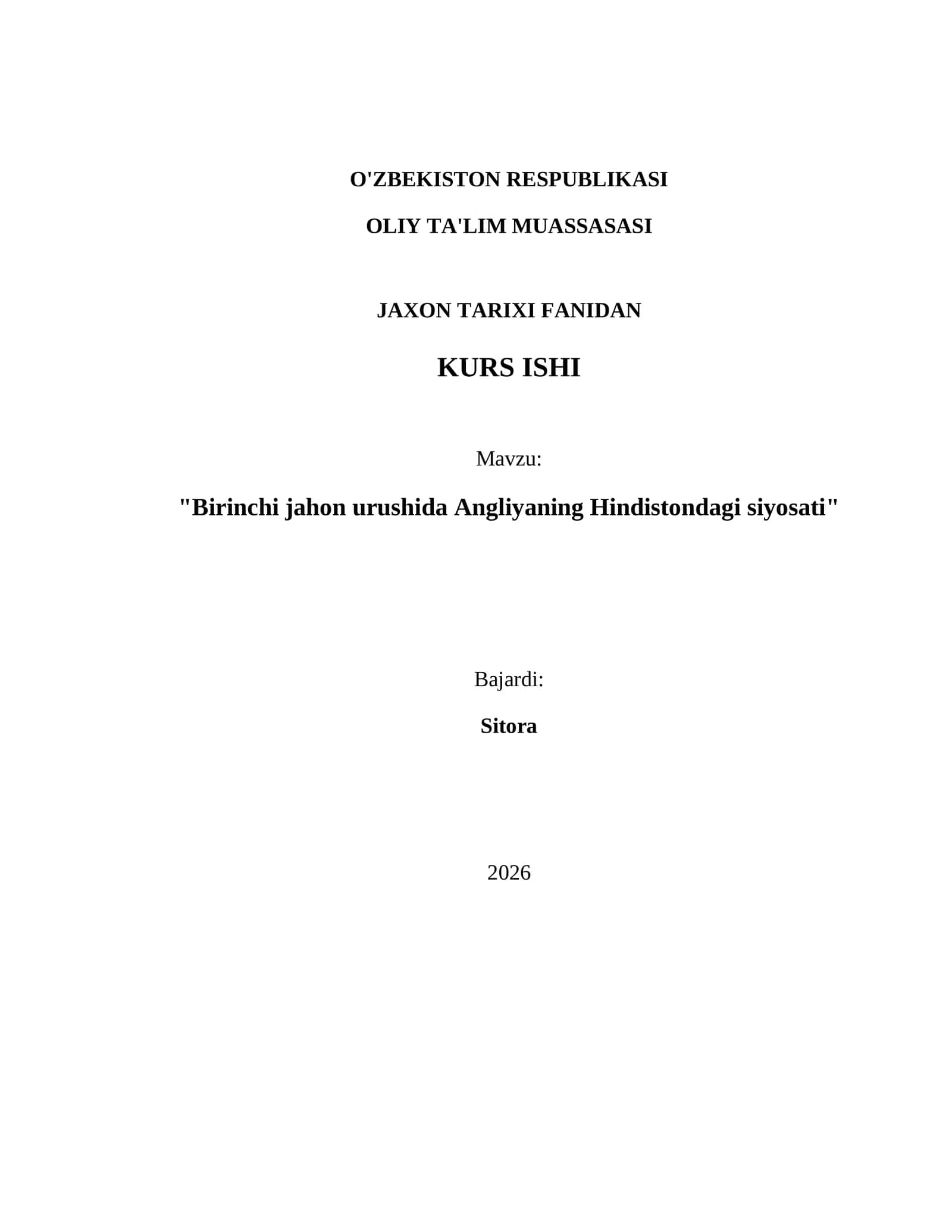 "Birinchi jahon urushida Angliyaning Hindistondagi siyosati" 1