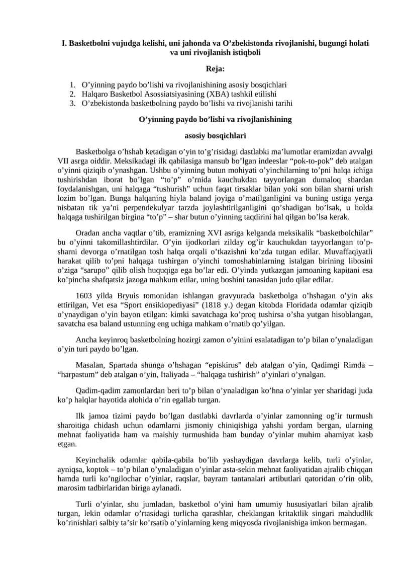 Basketbolni vujudga kelishi, uni jahonda va O’zbekistonda rivojlanishi, bugungi holati va uni rivojlanish istiqboli 1