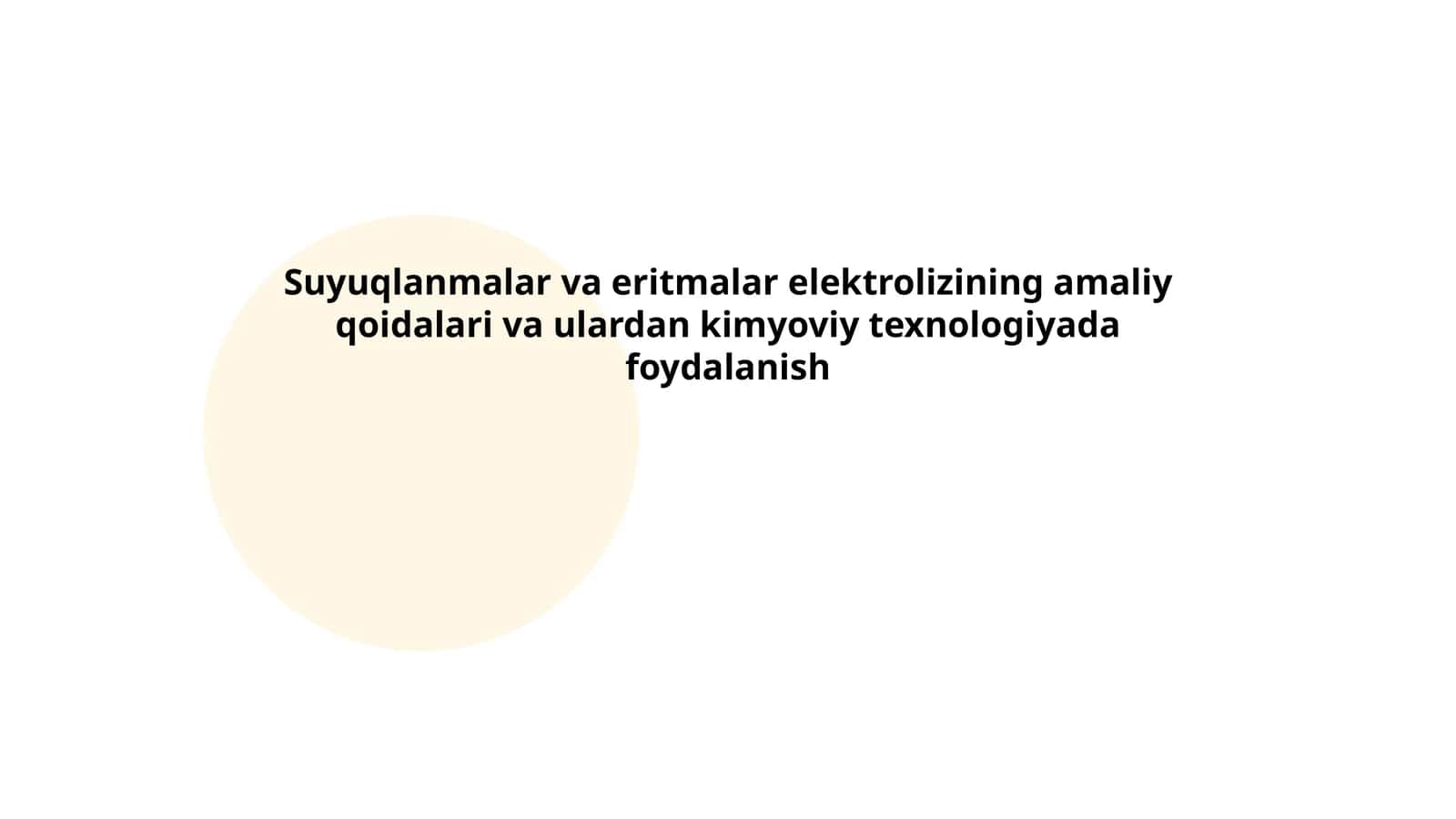 Suyuqlanmalar va eritmalar elektrolizining amaliy qoidalari va ulardan kimyoviy texnologiyada foydalanish by Abduvaliyeva Laylo 1