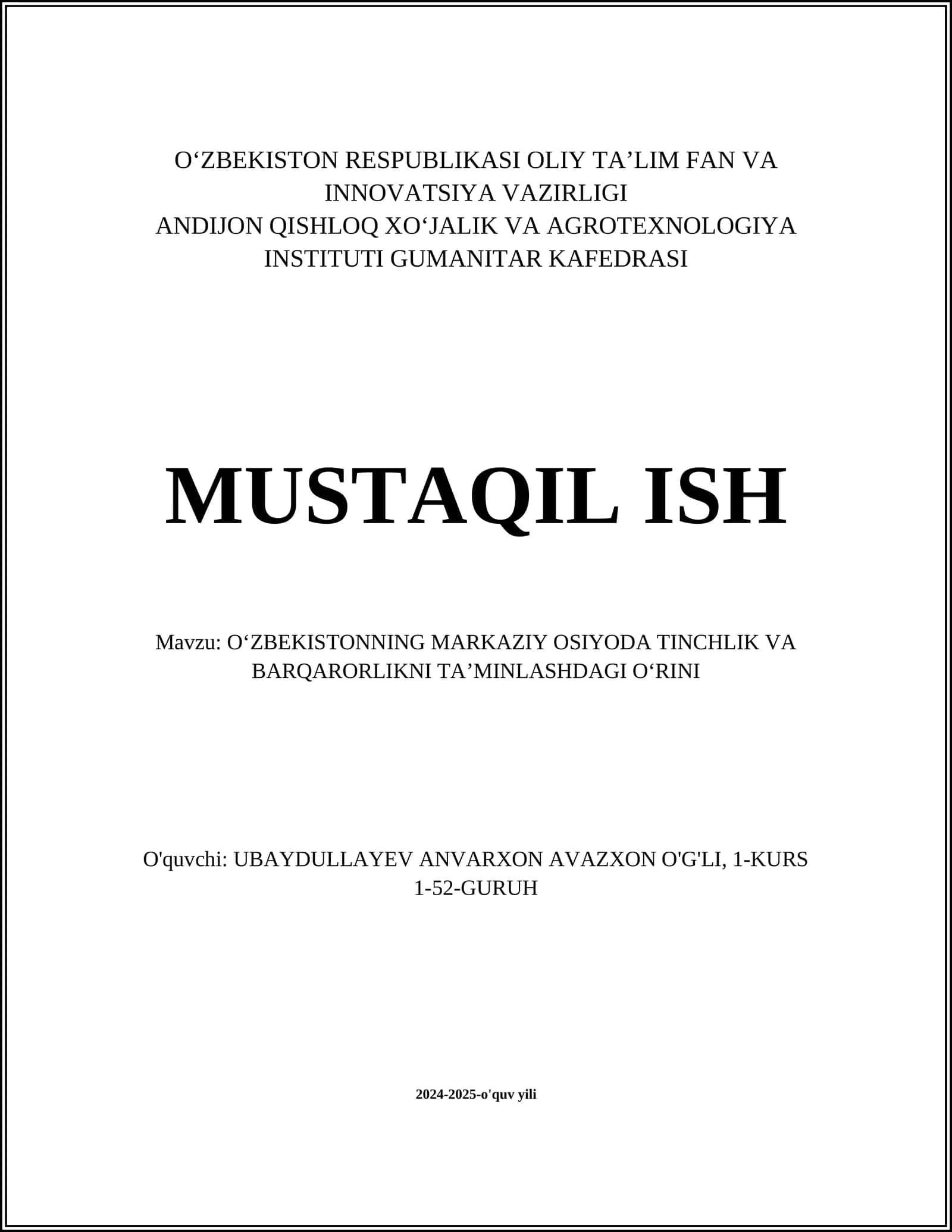 O‘ZBEKISTONNING MARKAZIY OSIYODA TINCHLIK VA BARQARORLIKNI TAʼMINLASH 1