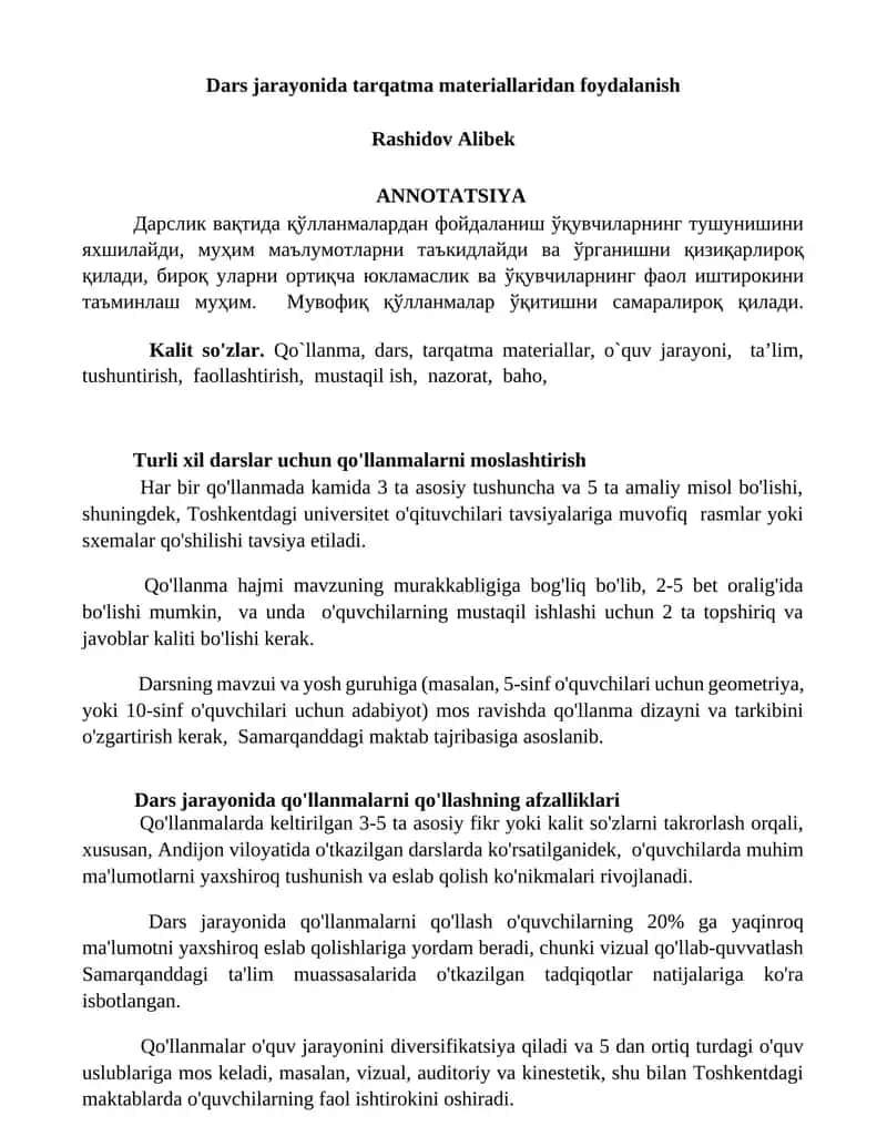 Dars jarayonida tarqatma materiallaridan foydalanish 1