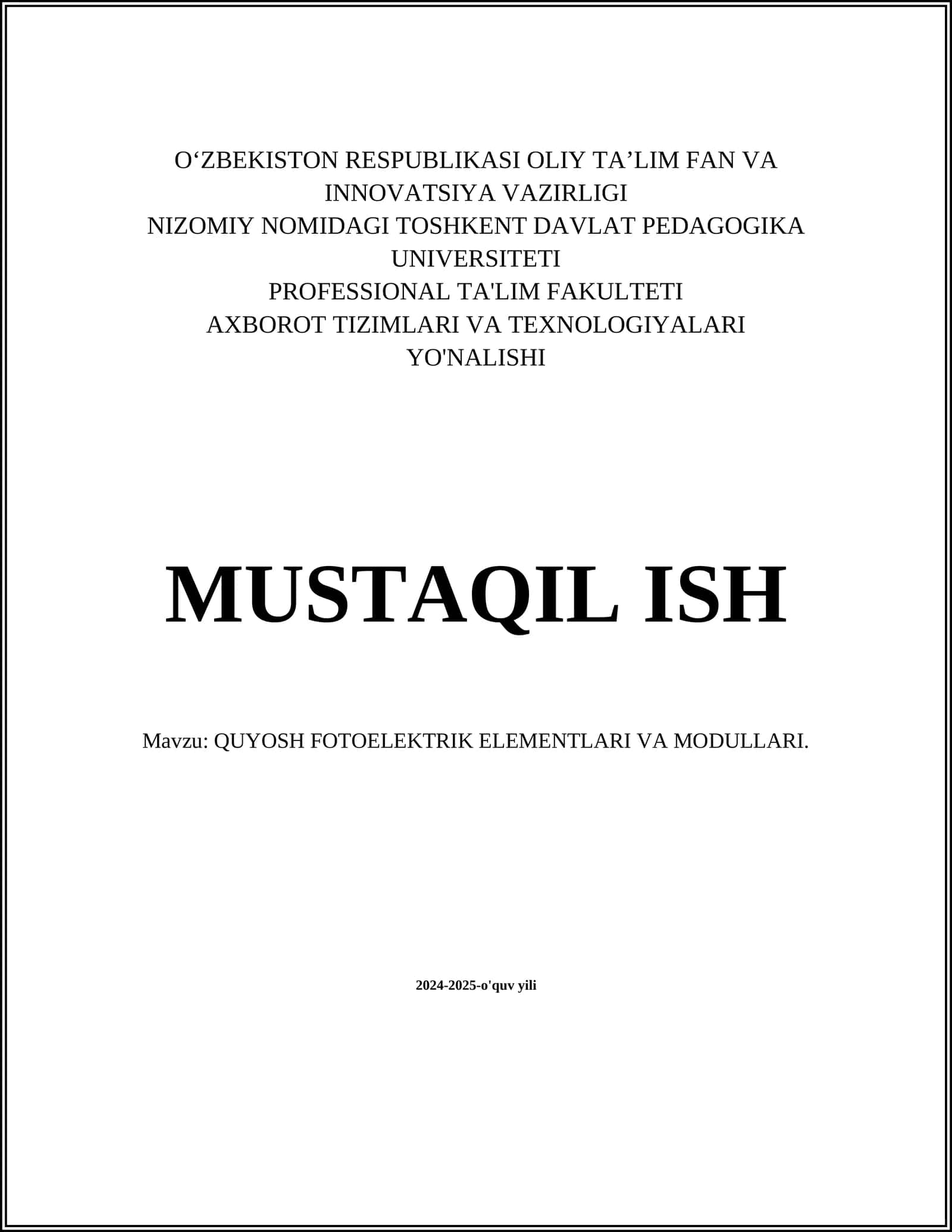 QUYOSH FOTOELEKTRIK ELEMENTLARI VA MODULLARI 1