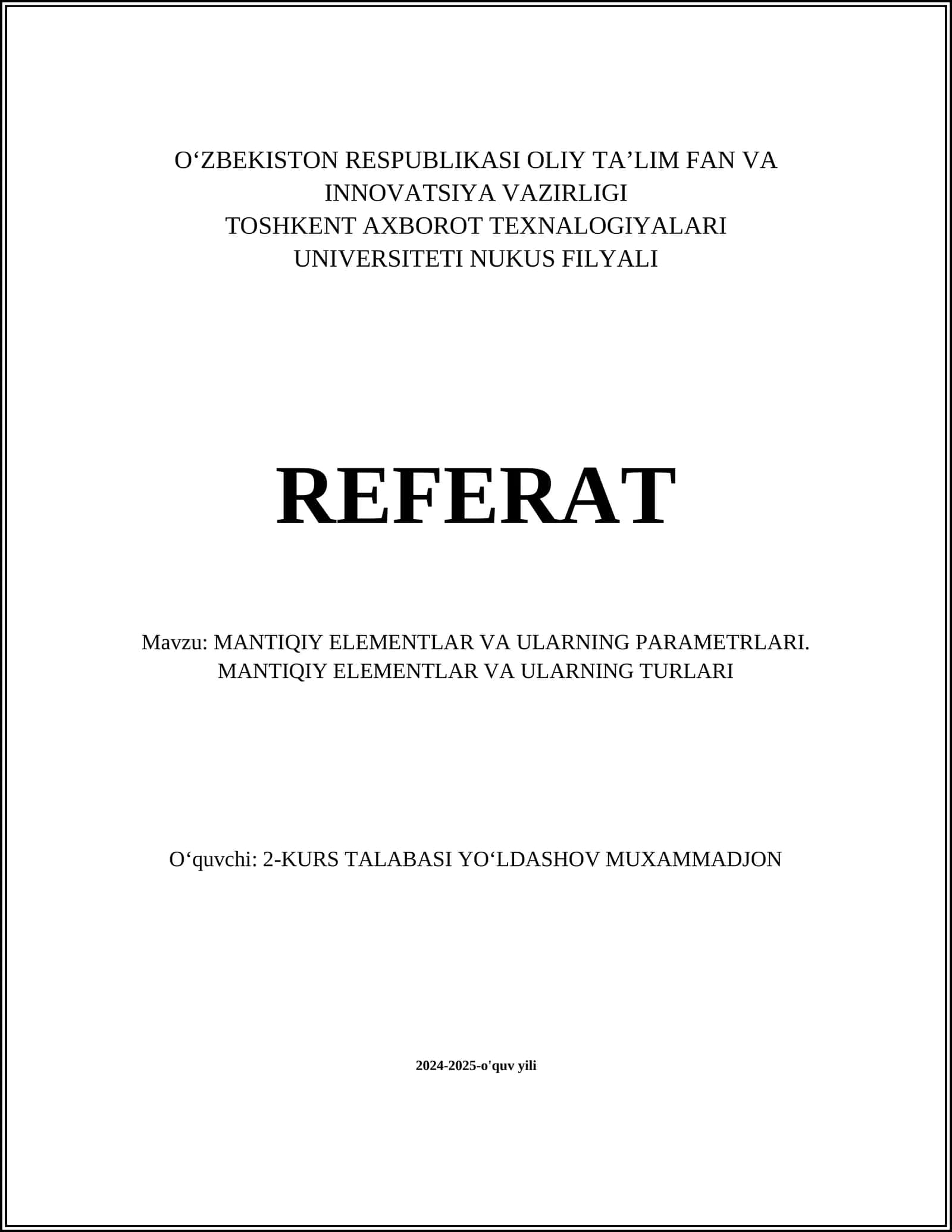 MANTIQIY ELEMENTLAR VA ULARNING PARAMETRLARI 1
