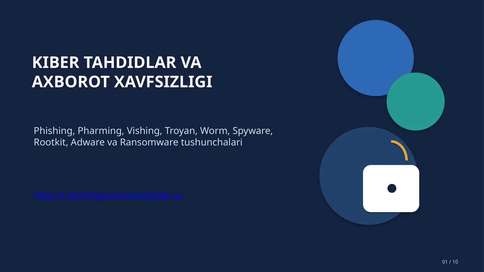 Phishing, Pharming, Vishing, Troyan, Worm, Spyware, Rootkit, Adware, Ransomware tushunchalari va xavfsizlikni ta`minlash. 1