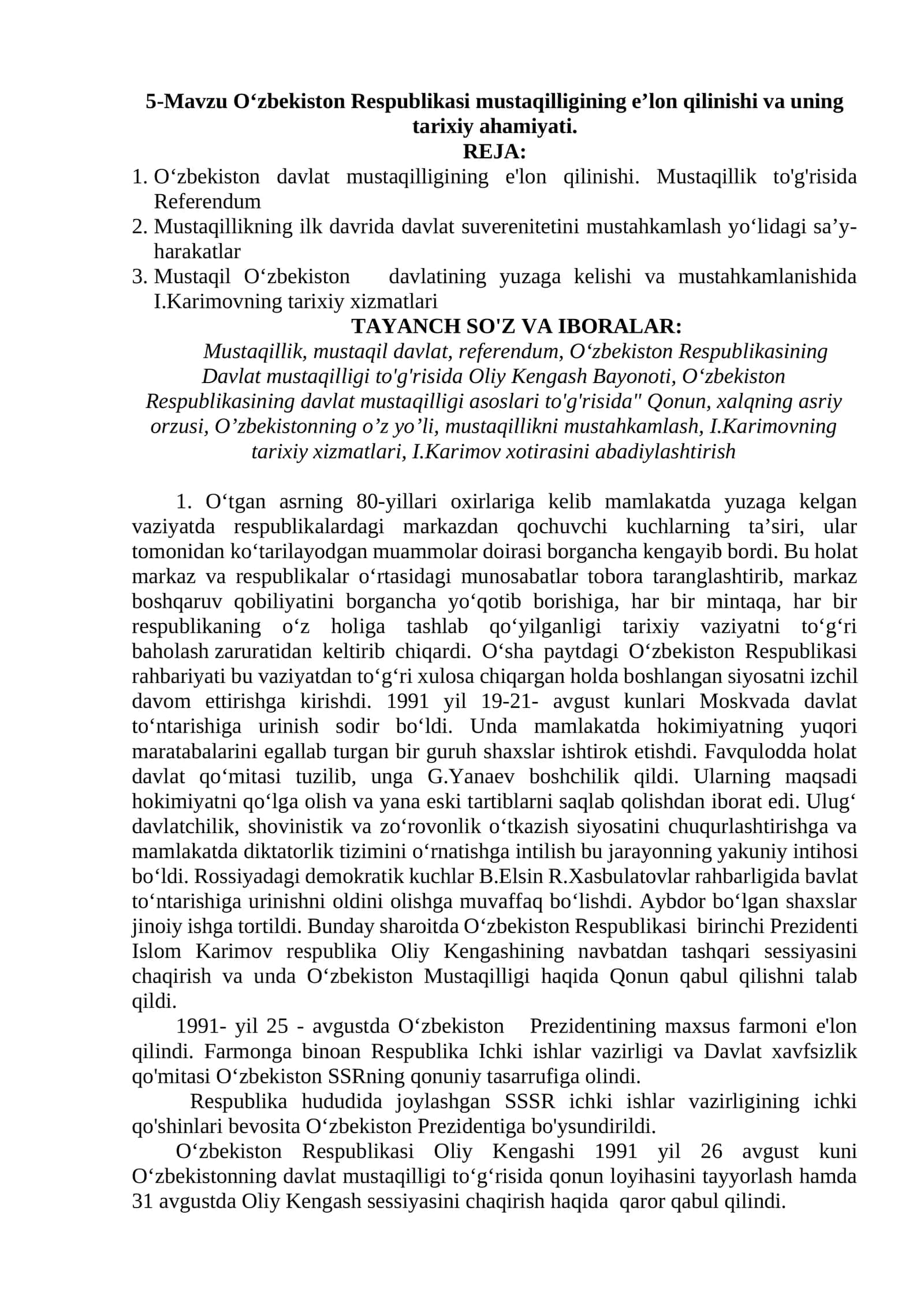 O‘zbekiston Respublikasi mustaqilligining e’lon qilinishi va uning tarixiy ahamiyati 1