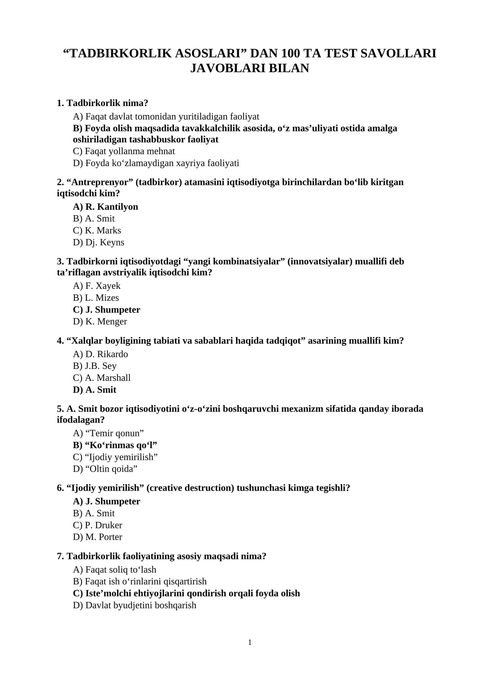 TADBIRKORLIK ASOSLARI” DAN 100 TA TEST SAVOLLARI JAVOBLARI BILAN 1