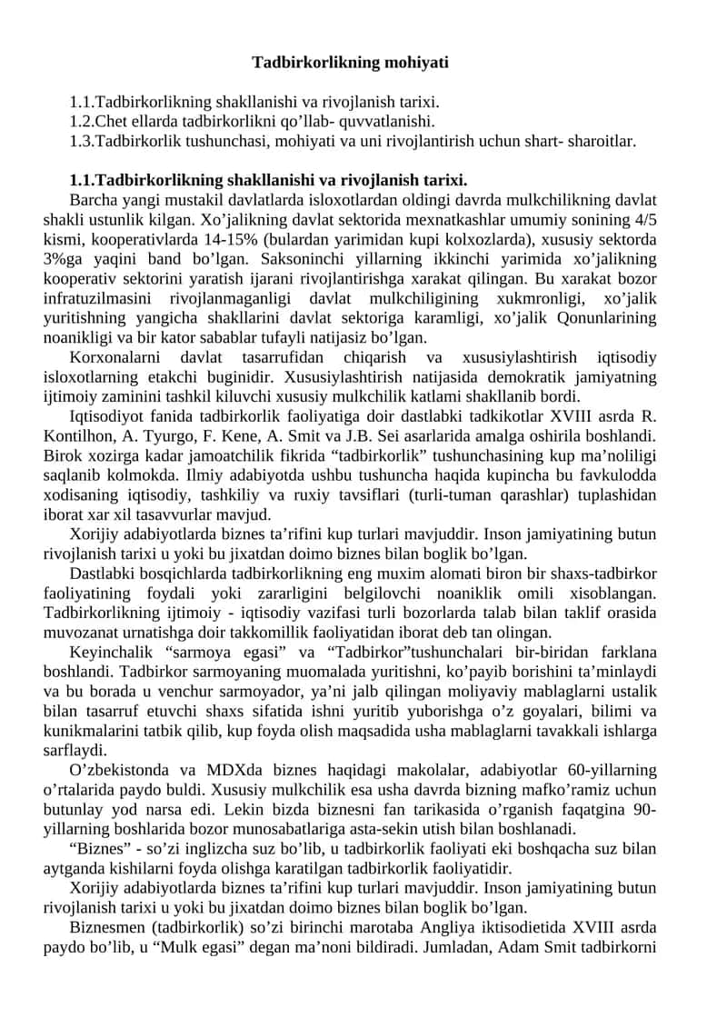 Tadbirkorlikning mohiyati 1