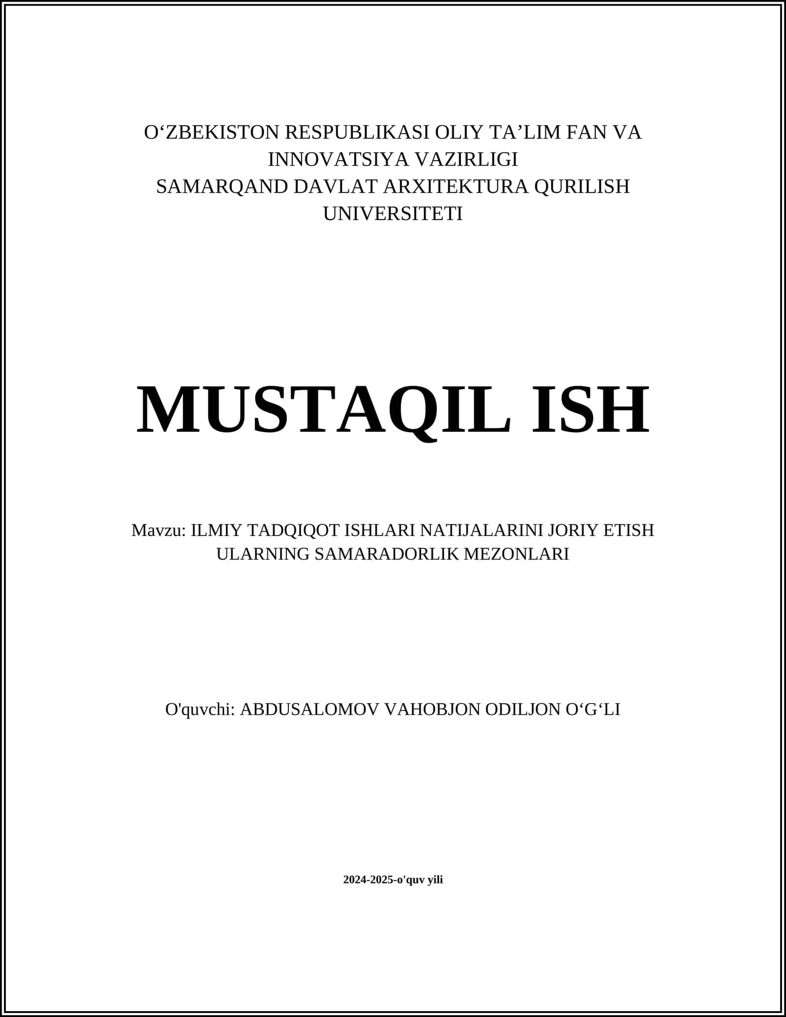 ILMIY TADQIQOT ISHLARI NATIJALARINI JORIY ETISH ULARNING SAMARADORLIK MEZONLARI 1