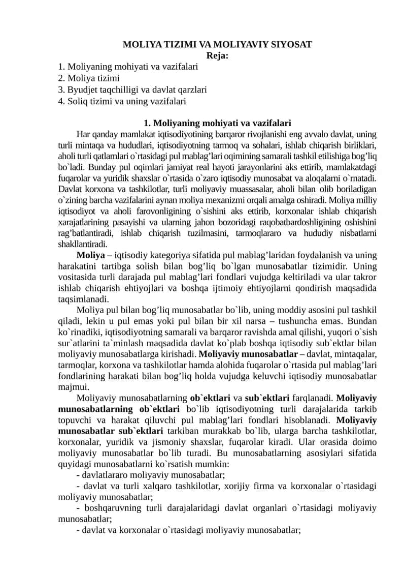 MOLIYA TIZIMI VA MOLIYAVIY SIYOSAT 1