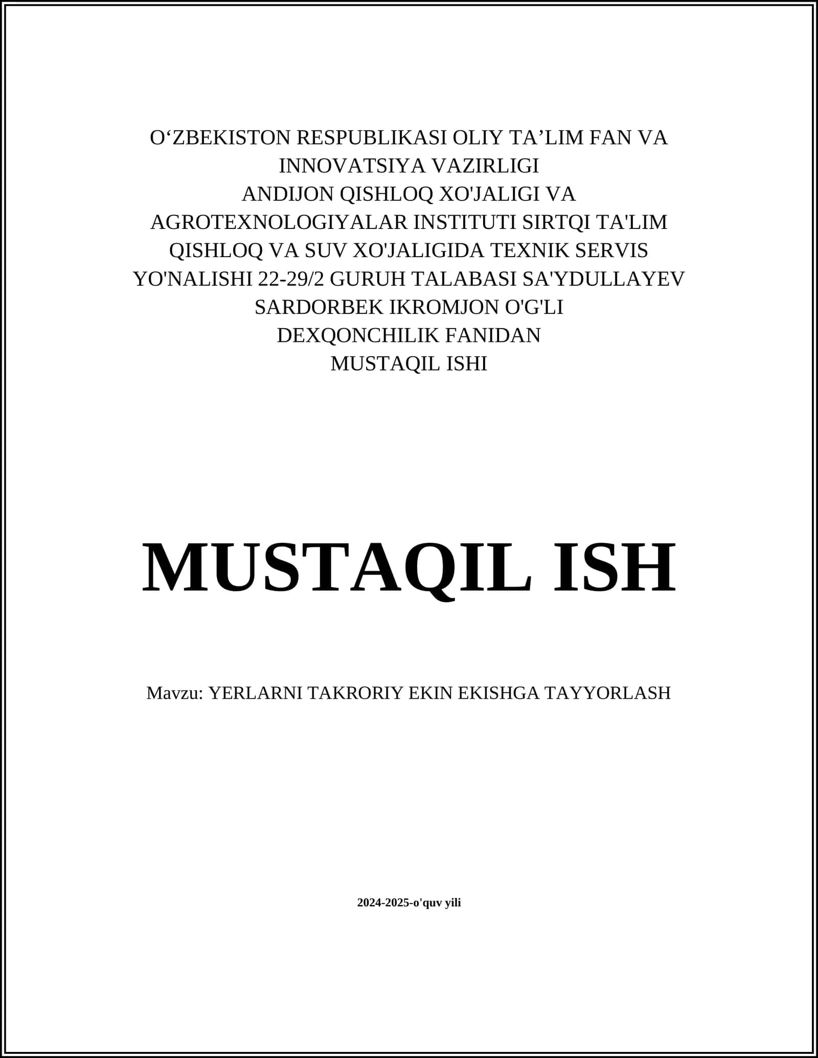 YERLARNI TAKRORIY EKIN EKISHGA TAYYORLASH 1