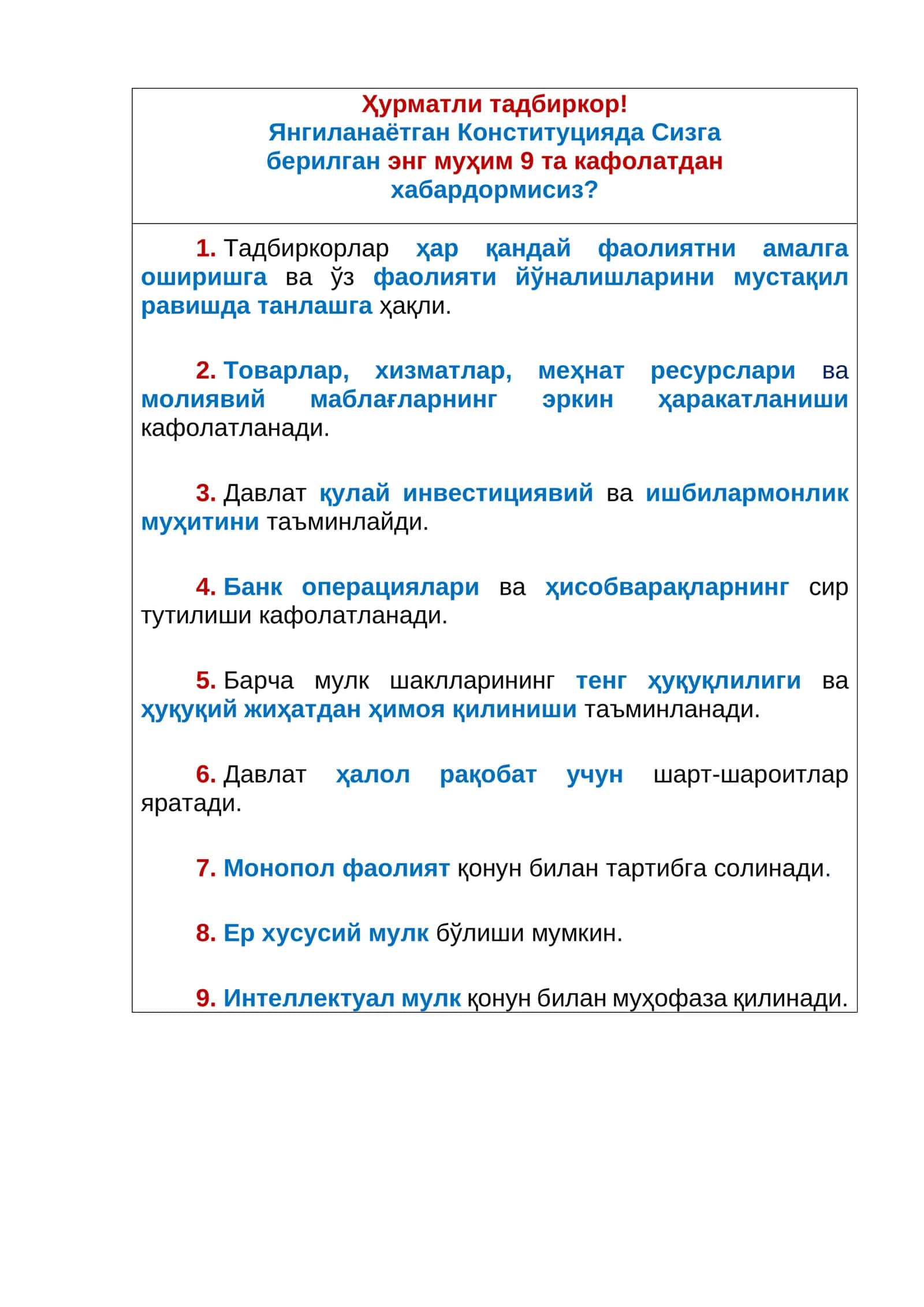 Янгиланаётган Конституцияда Сизга берилган энг муҳим 9та кафолат 1