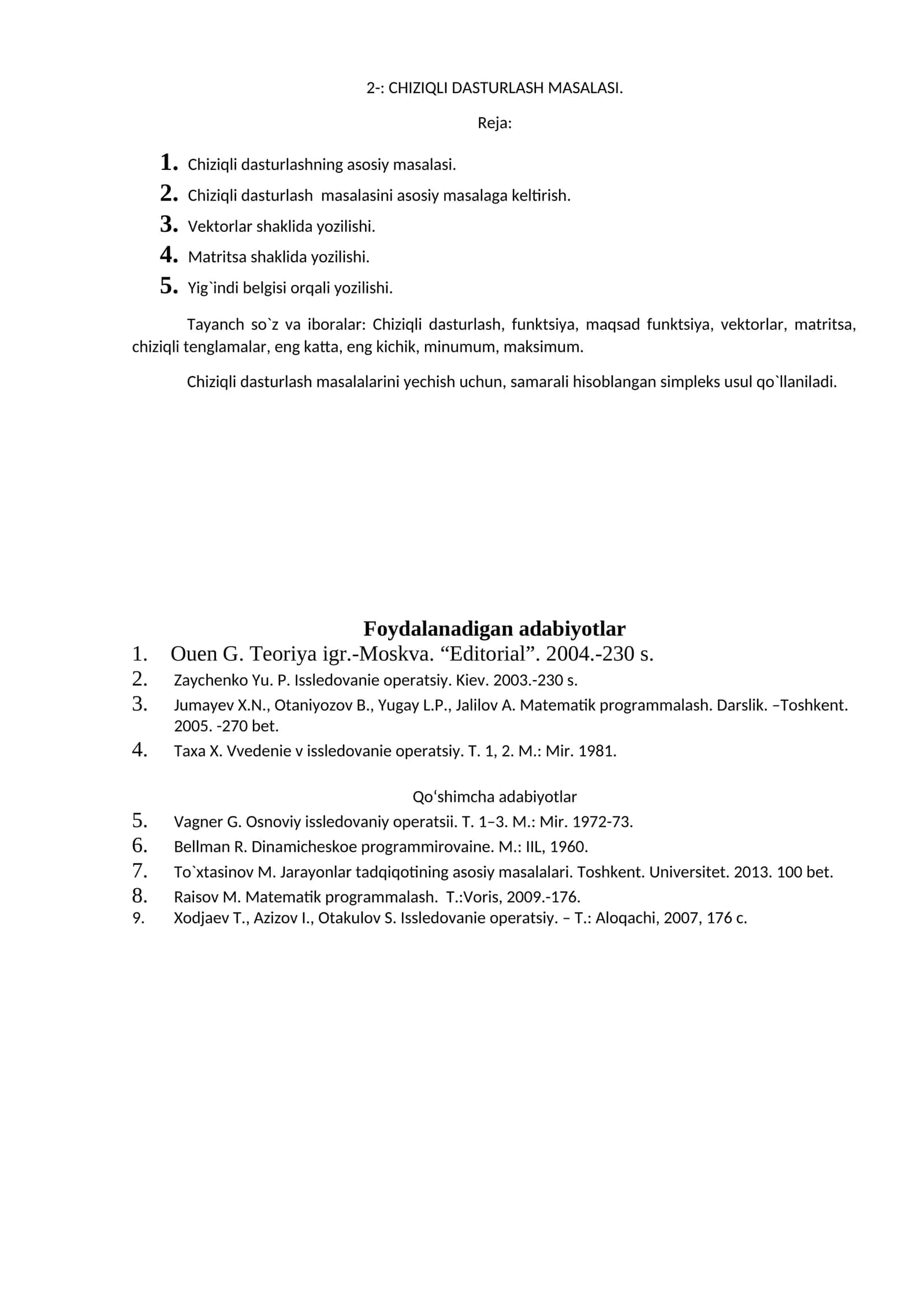 CHIZIQLI DASTURLASH MASALASI 1