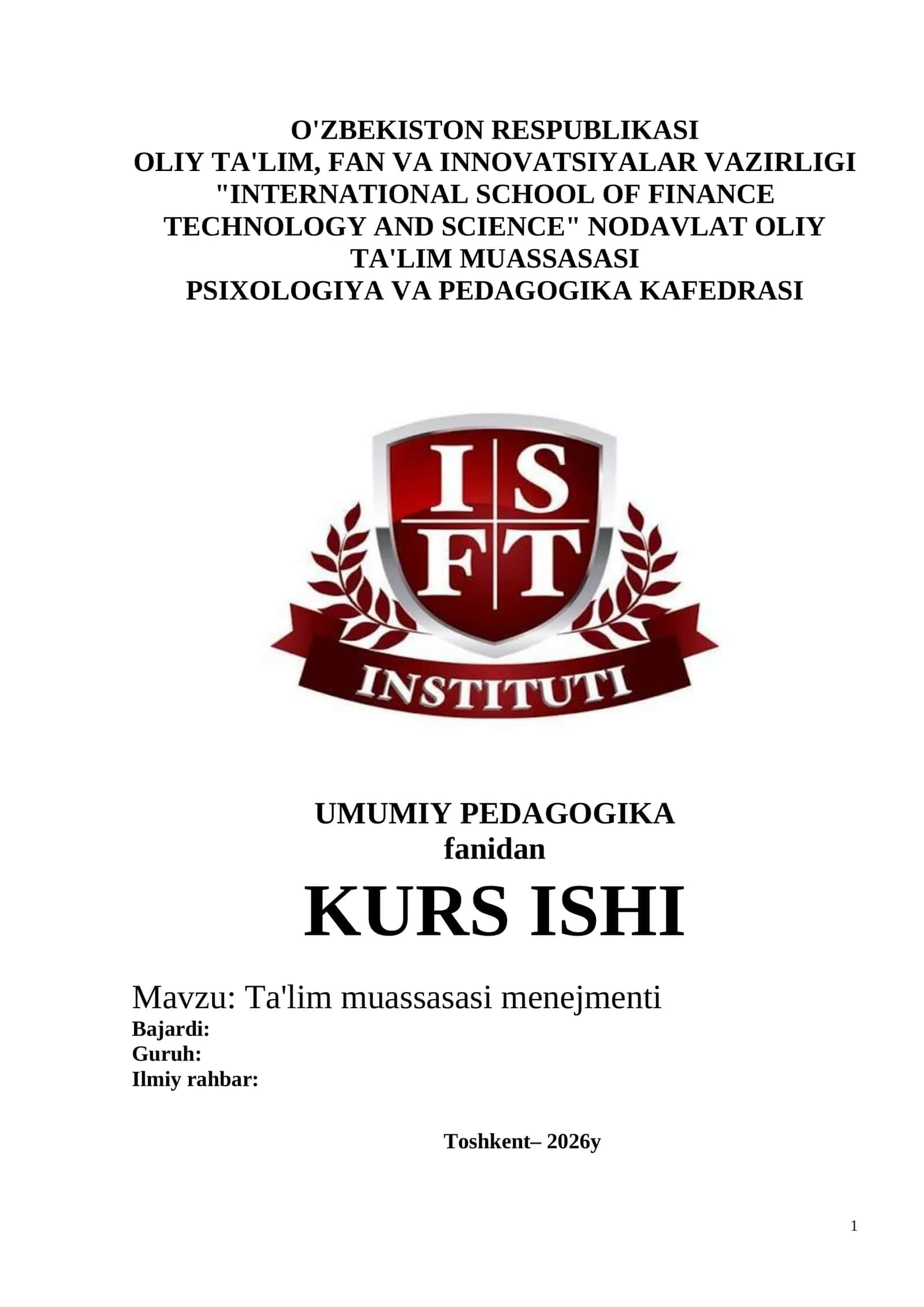 Ta'lim muassasasi menejmenti Kurs ishi 1