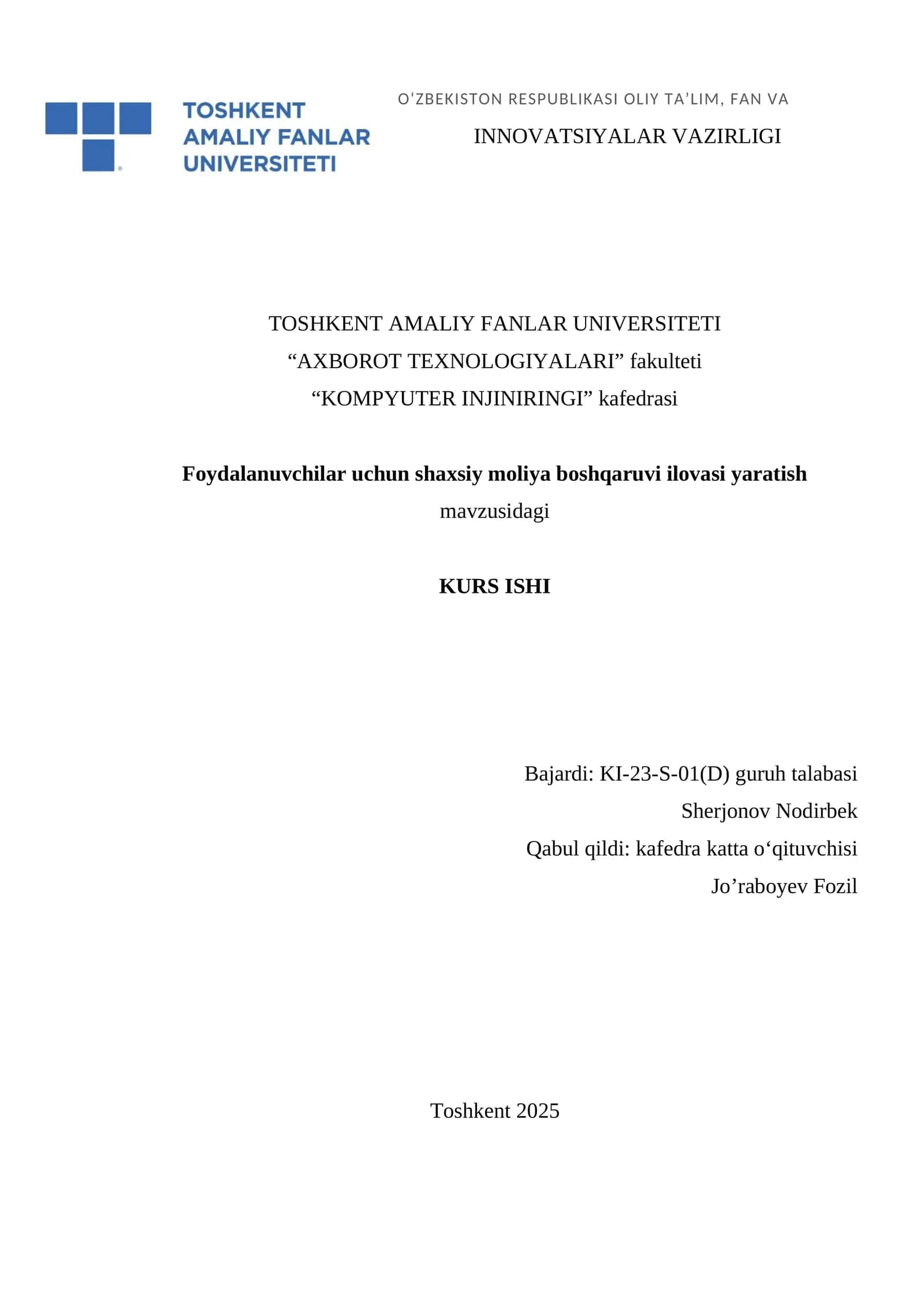 Shaxsiy moliya boshqaruvi ilovasi yaratish mavzusidagi KURS ISHI 1