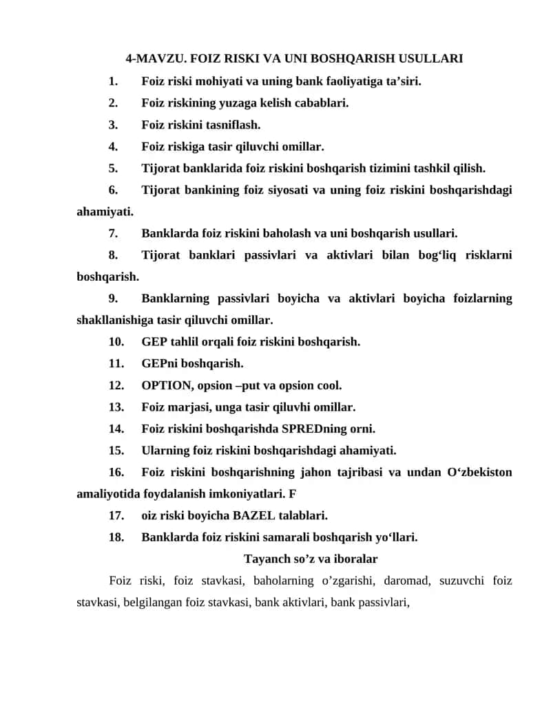 FOIZ RISKI VA UNI BOSHQARISH USULLARI 1