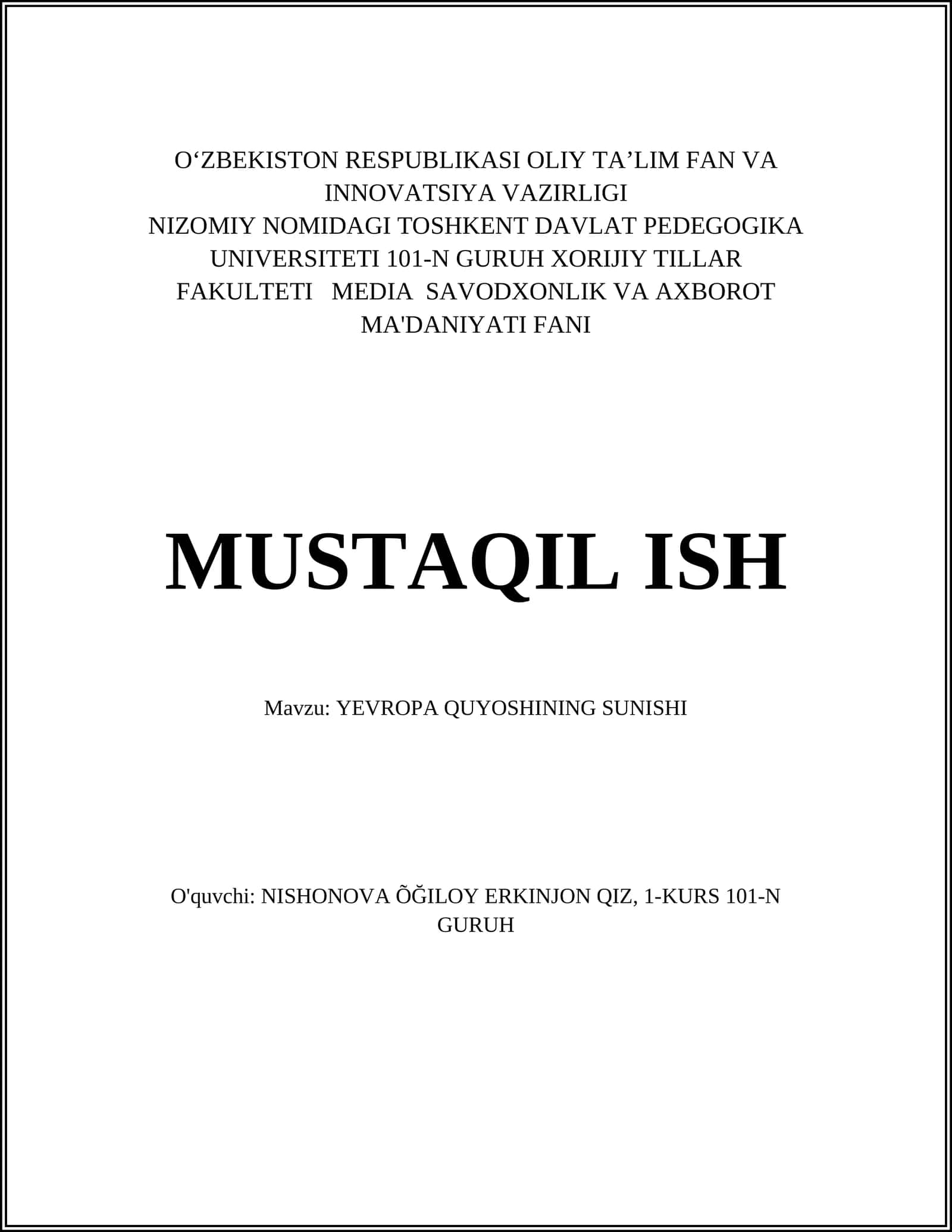 YEVROPA QUYOSHINING SUNISHI 1