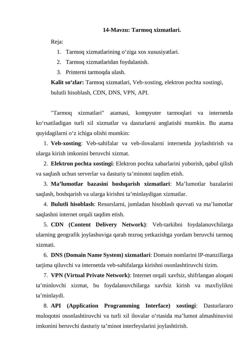 Tarmoq xizmatlari 1