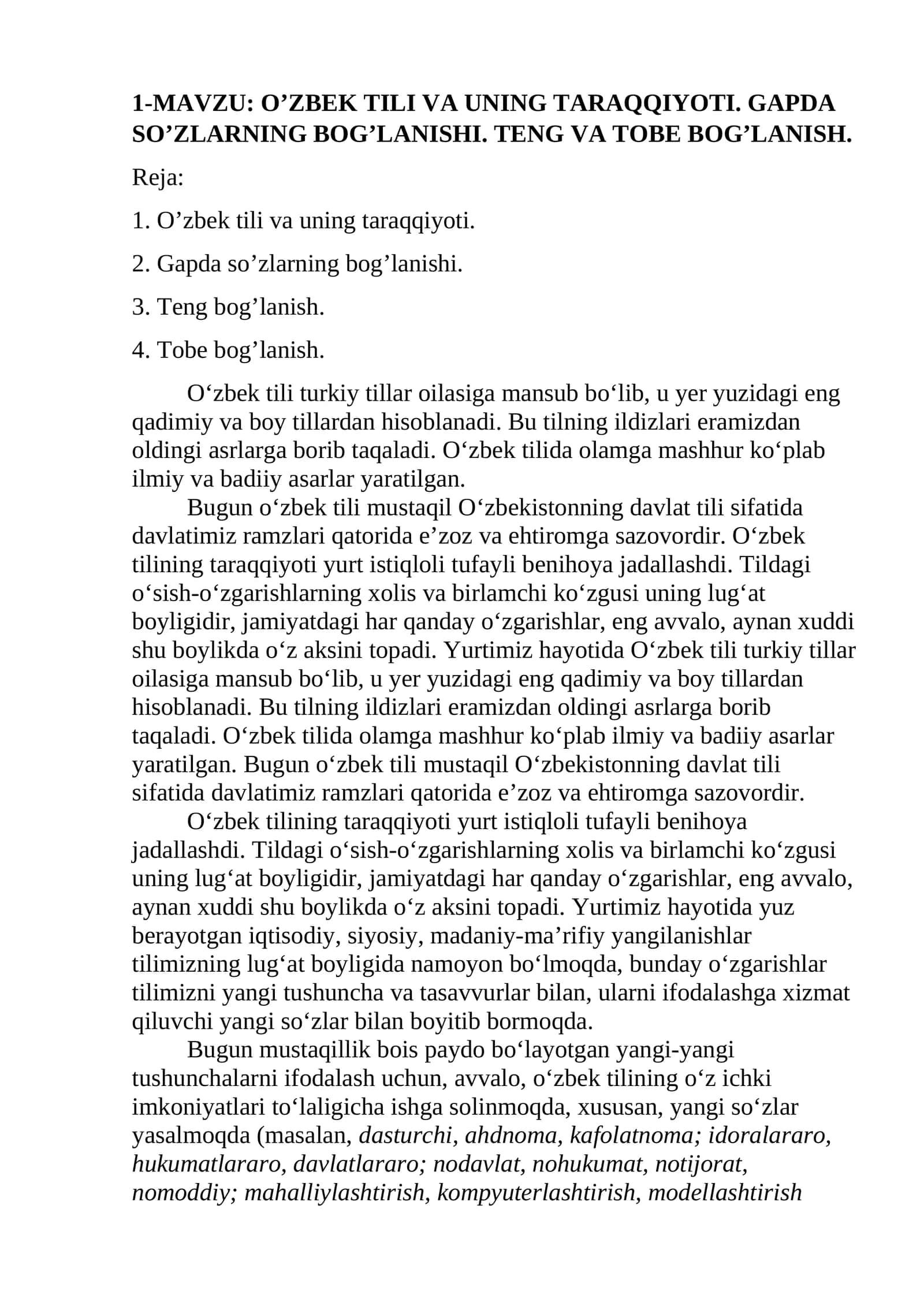 O’ZBEK TILI VA UNING TARAQQIYOTI. GAPDA SO’ZLARNING BOG’LANISHI. TENG VA TOBE BOG’LANISH 1