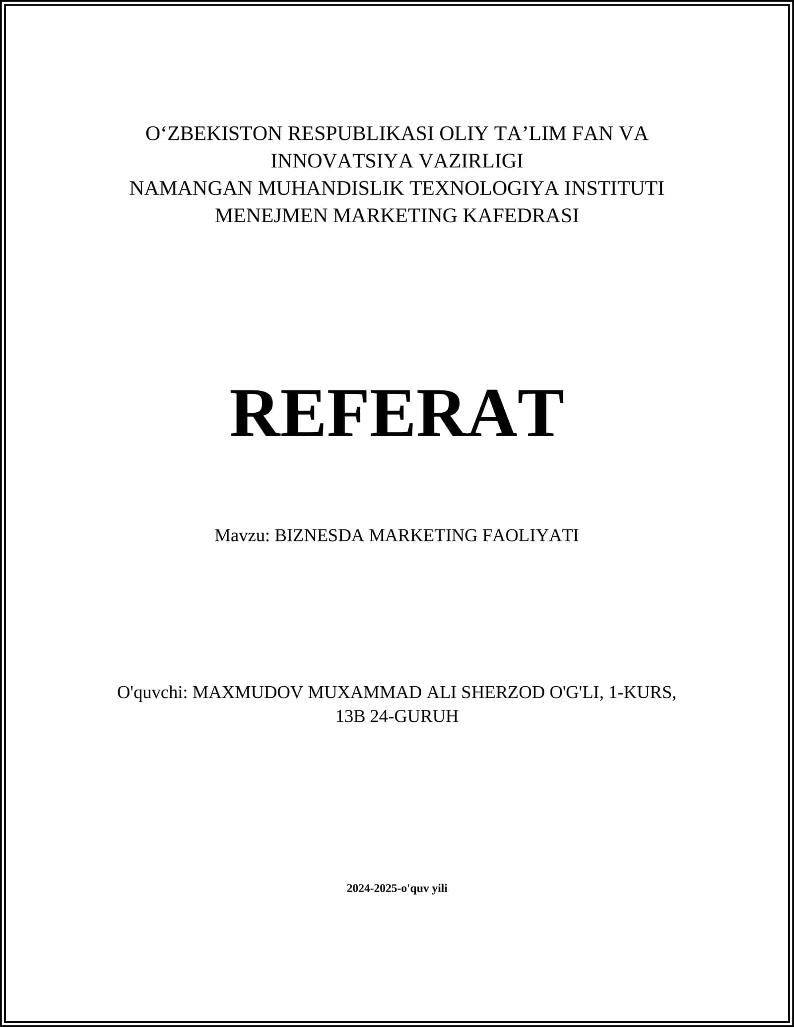 BIZNESDA MARKETING FAOLIYATI 1