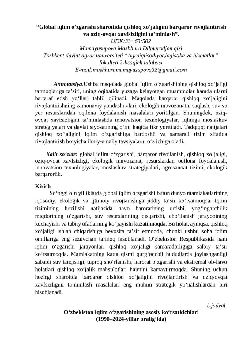 Global iqlim oʻzgarishi sharoitida qishloq xoʻjaligini barqaror rivojlantirish va oziq-ovqat 1