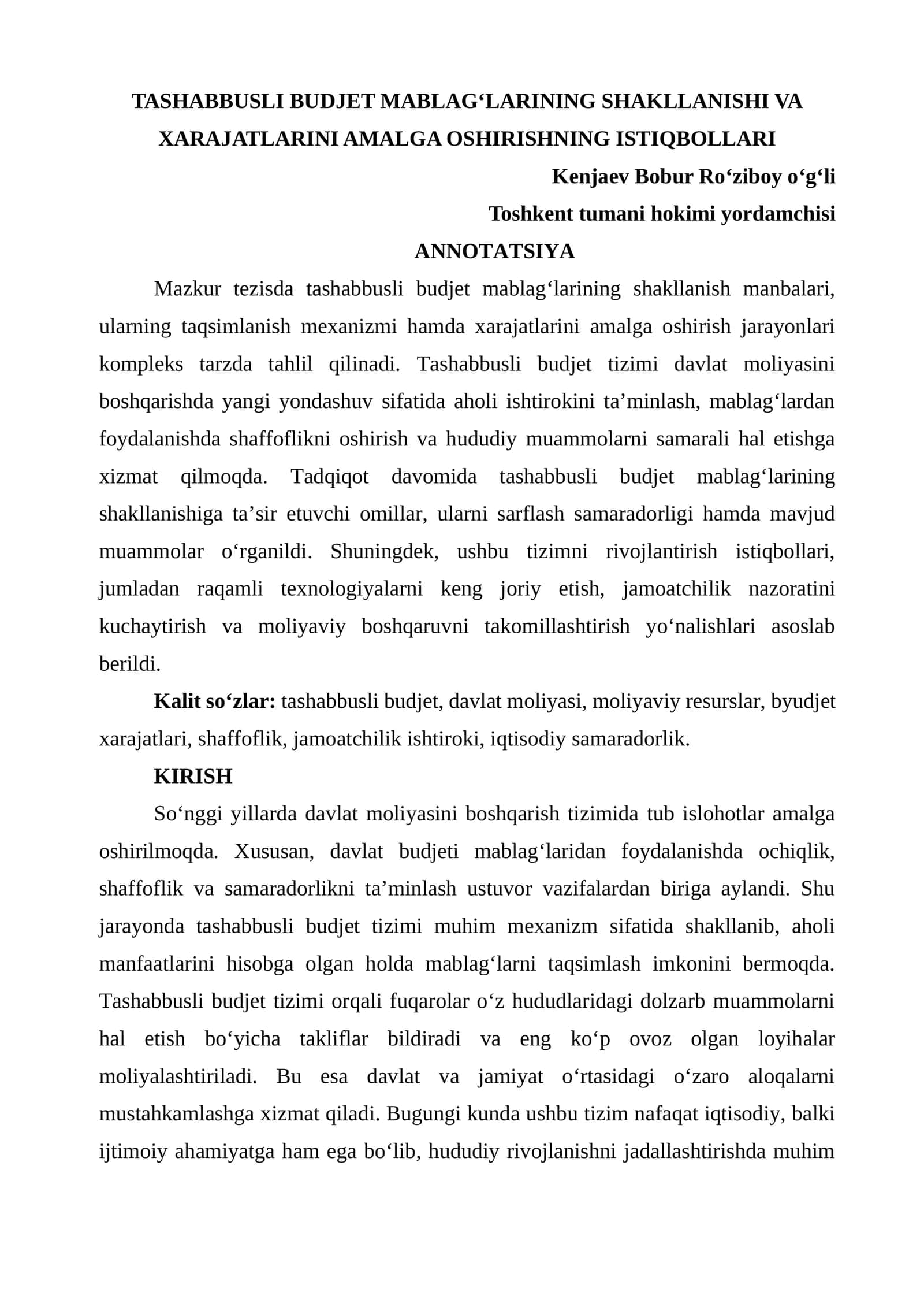 Tashabbusli Budjet Mablag‘larining Shakllanishi va Xarajatlarini Amalga Oshirishning Istiqbollari 1